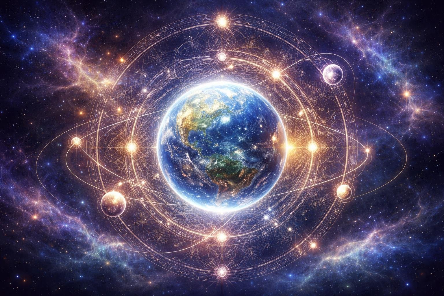 Une Terre lumineuse entourée de symboles mathématiques brillants et de corps célestes dans un espace étoilé, représentant l'influence des cycles cosmiques sur la vie.