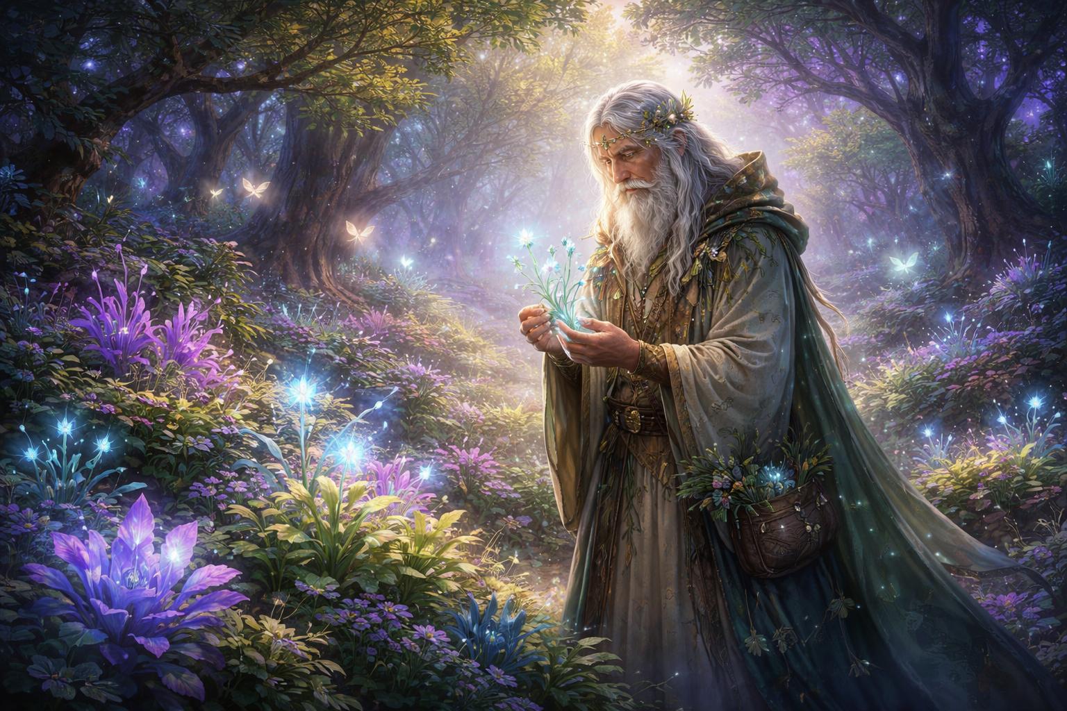 Un botaniste âgé soigne des plantes magiques lumineuses dans une vallée verdoyante entourée d'arbres anciens et de créatures fantastiques.