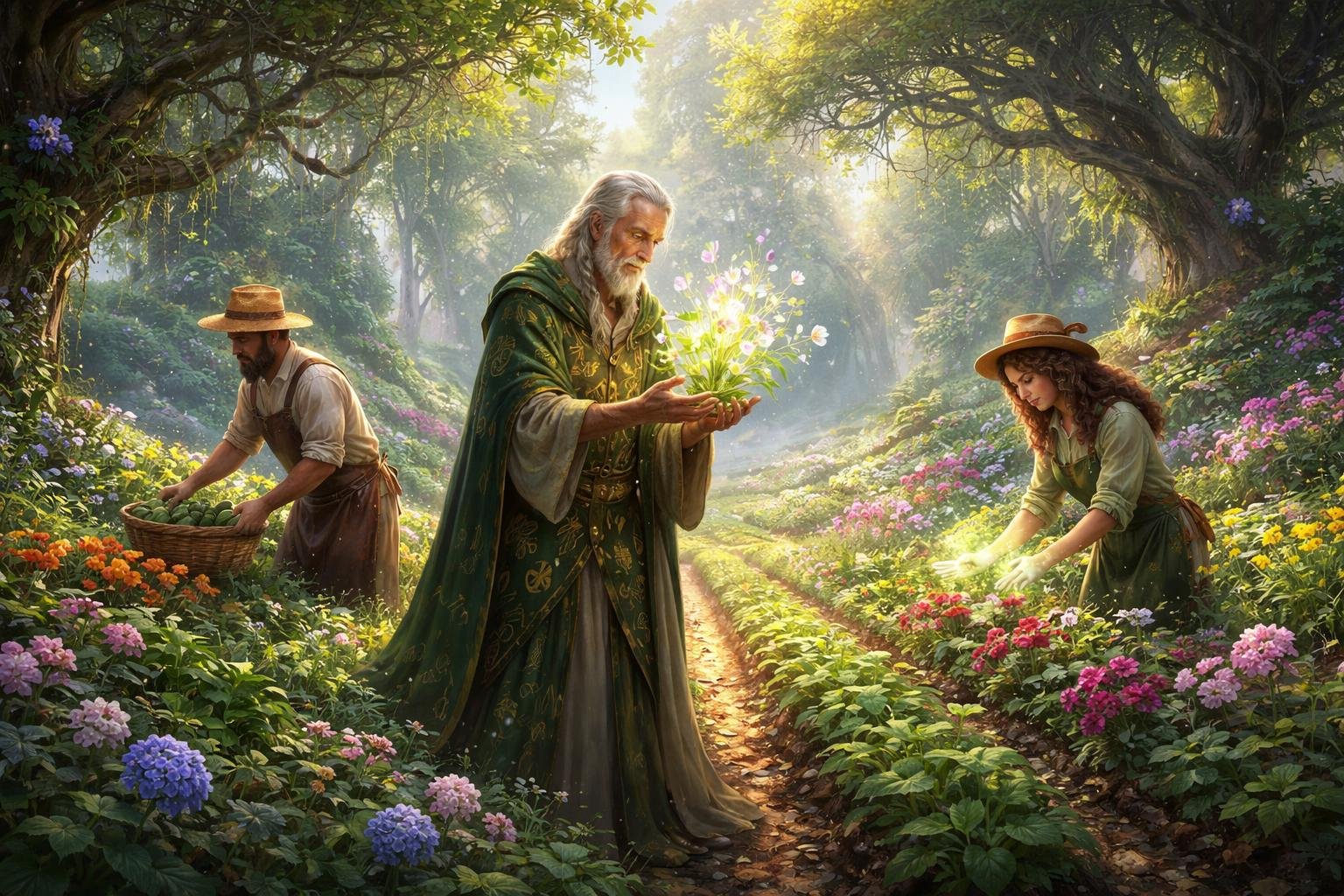 Une scène dans une vallée verdoyante où un herboriste, un agriculteur et un horticulteur travaillent ensemble au milieu de plantes lumineuses et d'arbres anciens.