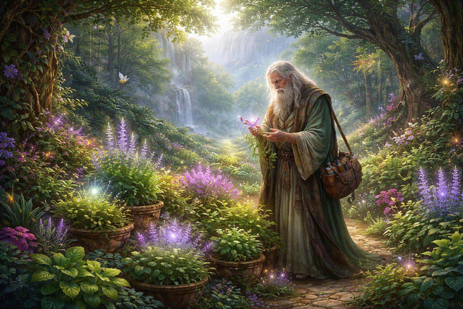 Un jardin luxuriant dans une vallée avec un botaniste ancien entouré de plantes médicinales et comestibles variées, baigné de lumière douce et magique.