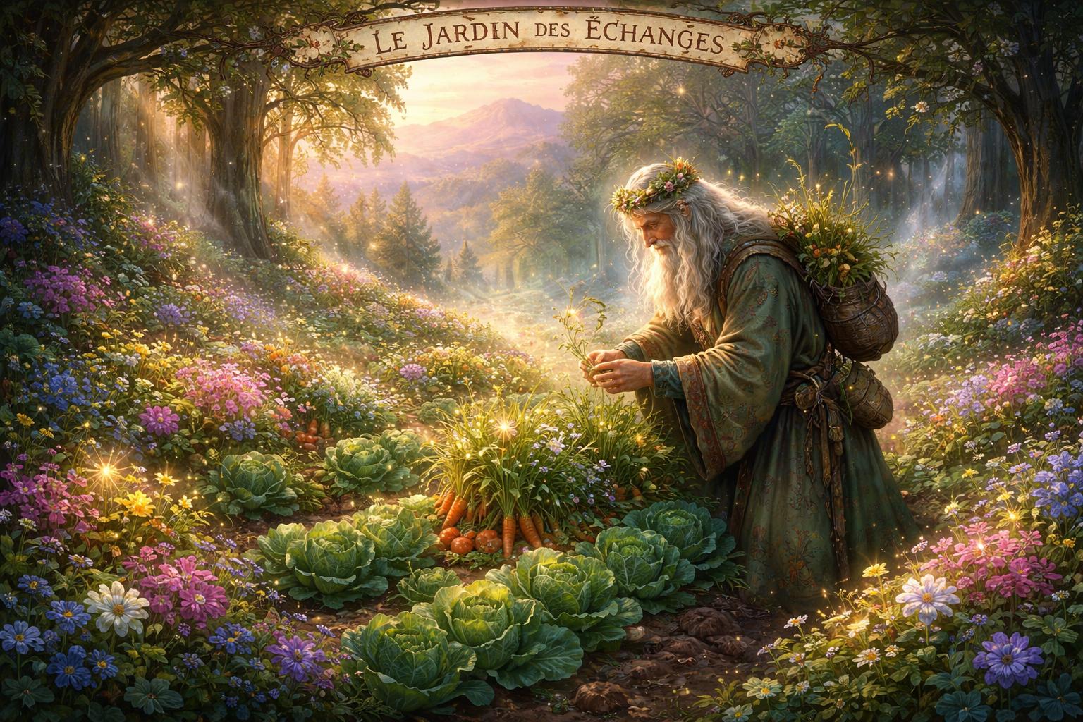 Un jardin luxuriant où un botaniste âgé soigne des plantes potagères entourées de fleurs colorées, dans une vallée paisible au lever du jour.