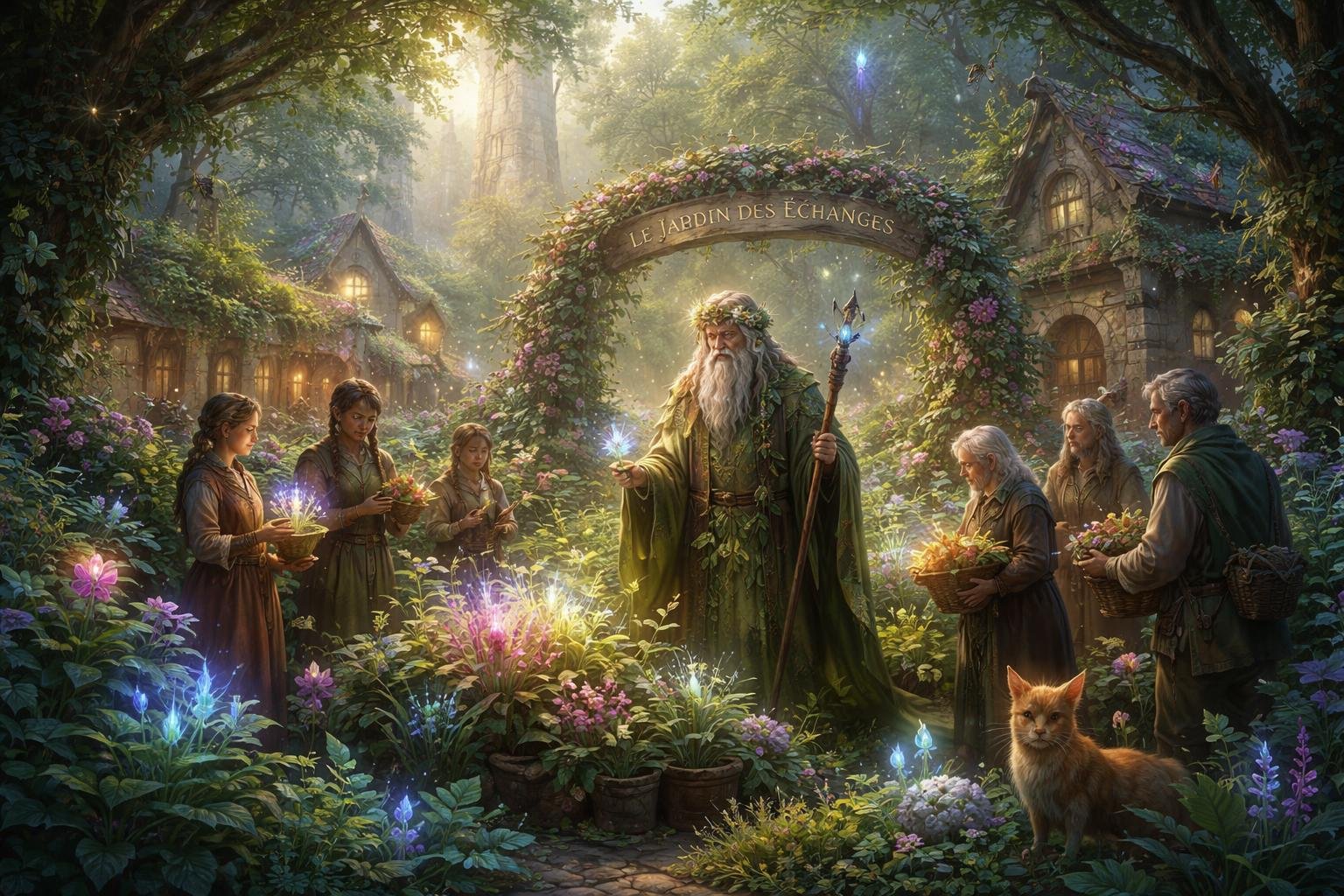 Un botaniste entouré de villageois dans un jardin rempli de plantes variées et lumineuses, au cœur d'un village paisible dans une vallée.