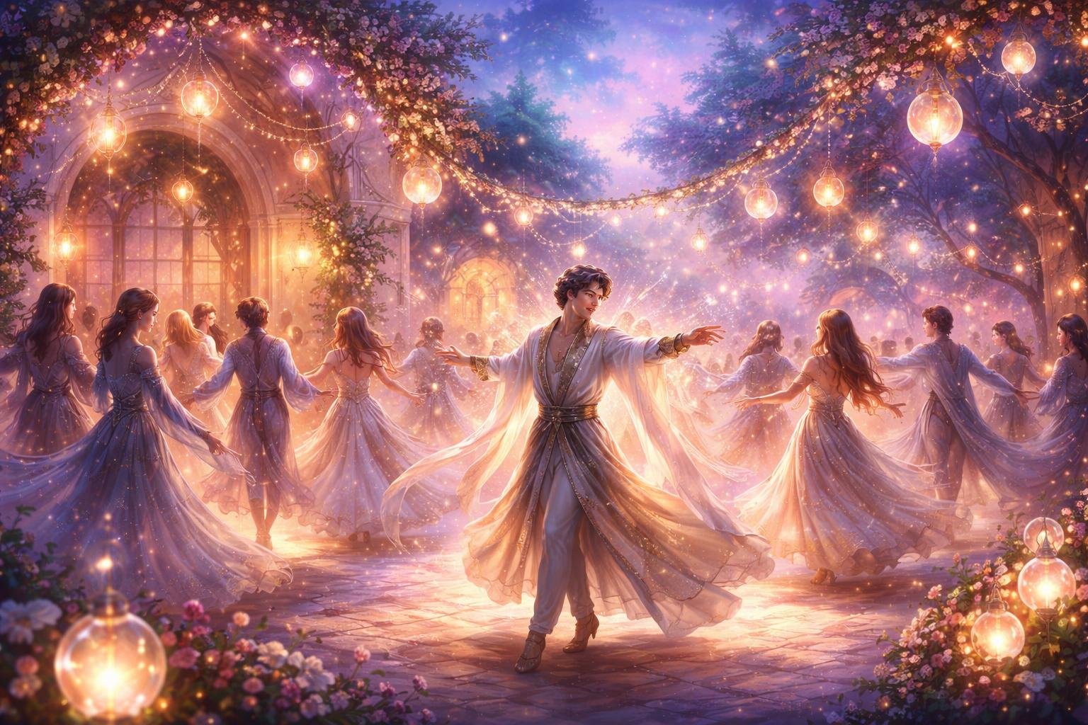Une foule joyeuse danse dans la cour d'une villa illuminée au crépuscule, guidée par un animateur charismatique au centre, entourée de lanternes flottantes et de décorations florales lumineuses.