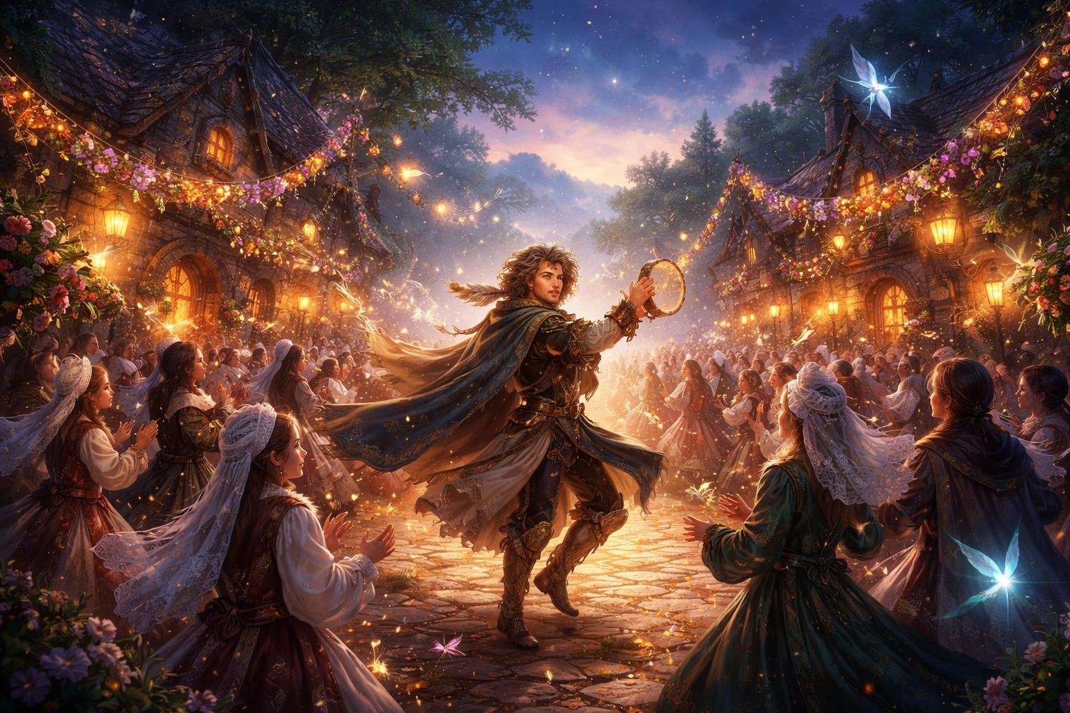 Une scène festive dans un village avec un animateur dansant au centre entouré de villageois célébrant sous des lanternes lumineuses au crépuscule.