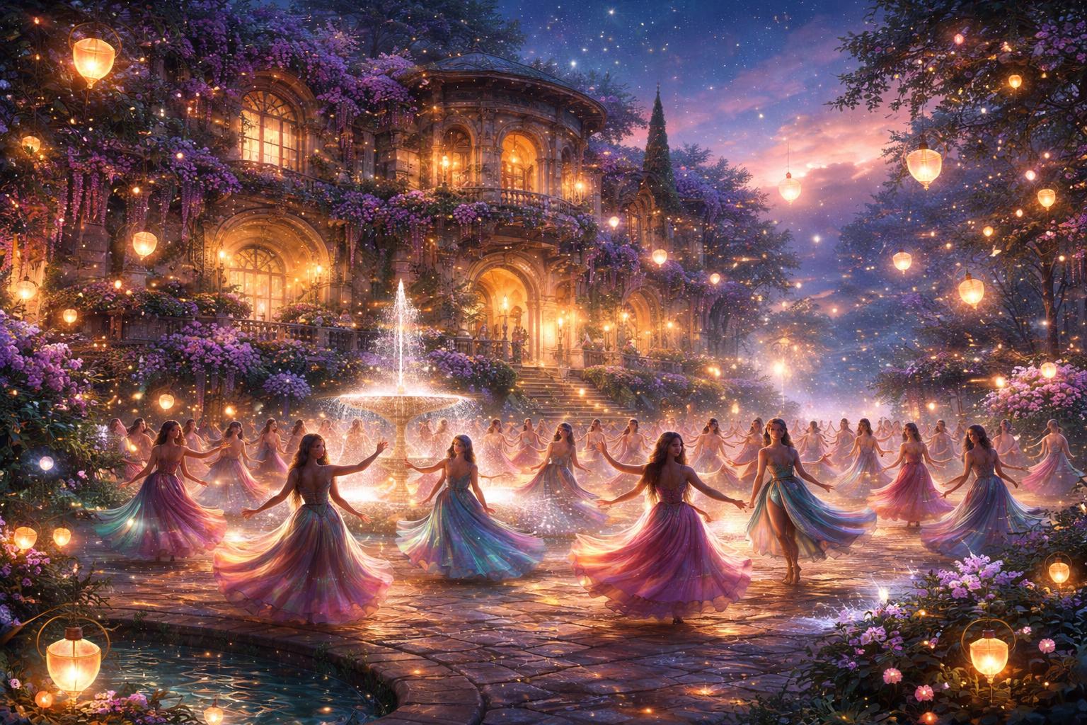 Une foule joyeuse danse dans un jardin de villa illuminé par des lanternes flottantes au crépuscule, entourée de fleurs lumineuses et d'une architecture ancienne.