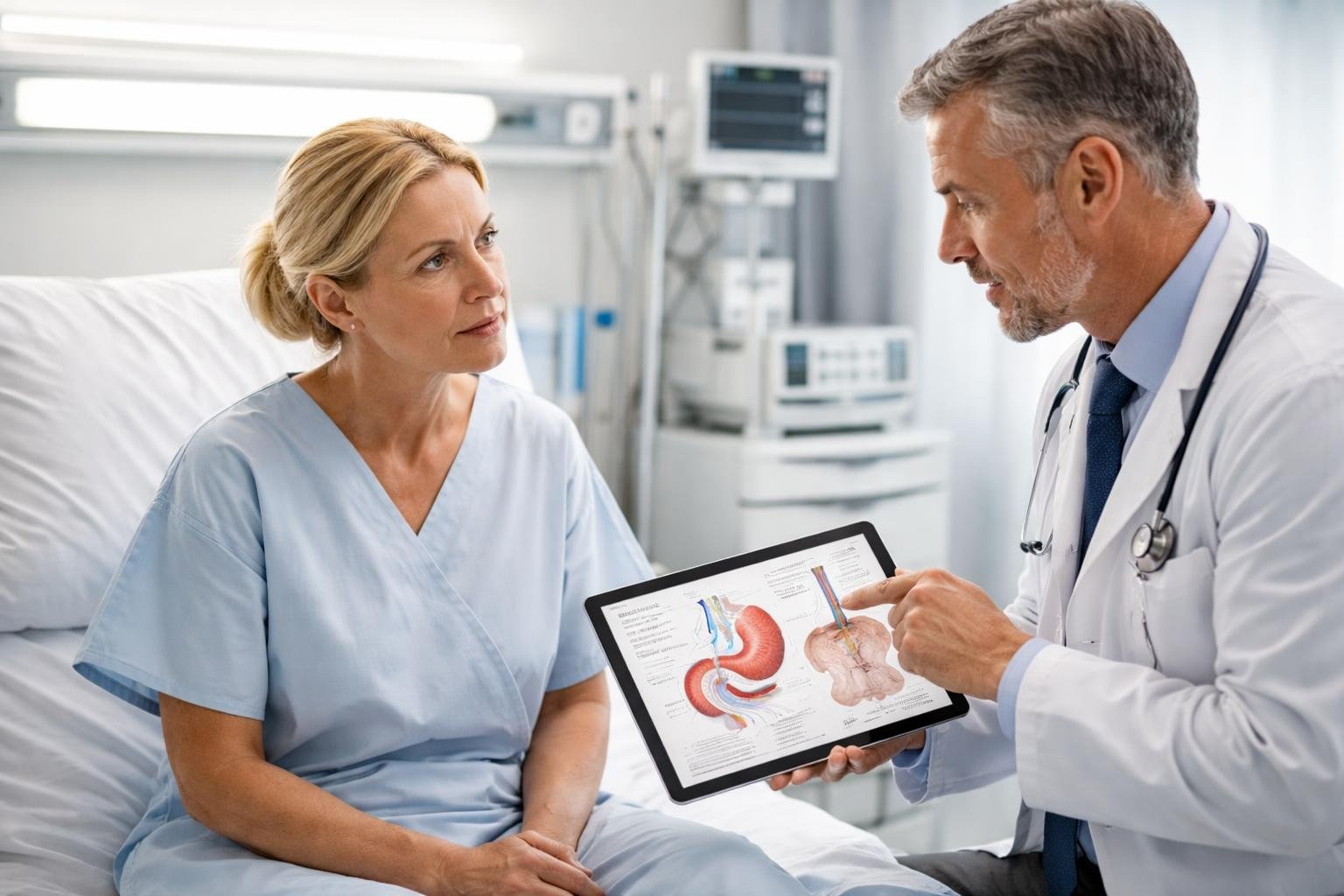 A doctor explains gastric bypass complications to a concerned patient in a hospital examination room.