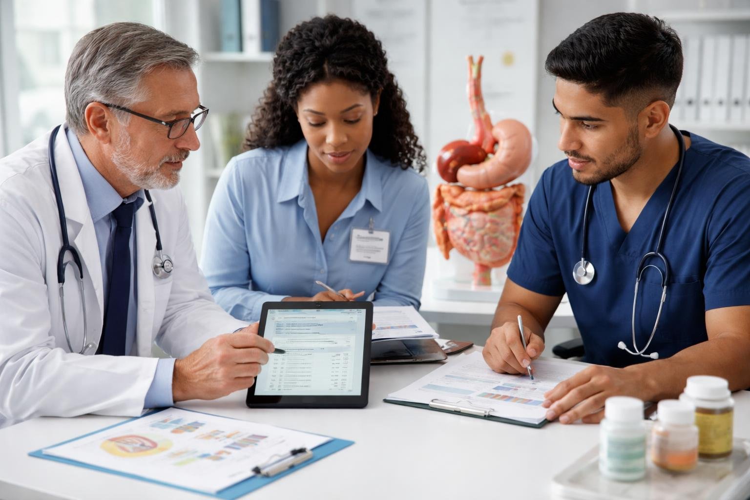 Healthcare professionals reviewing medical charts and a digestive system model in a clinic, discussing gastric bypass complications.