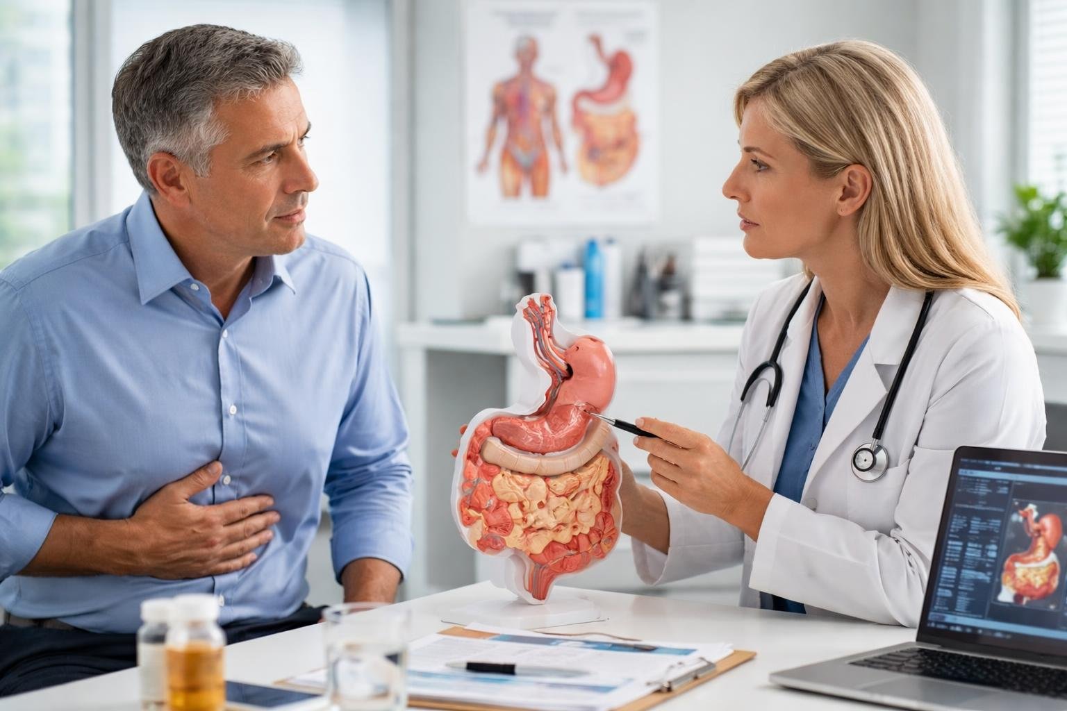 A doctor explains digestive system anatomy to a concerned patient during a medical consultation.