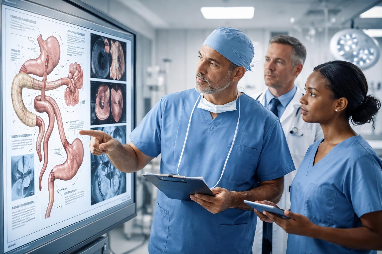 Healthcare professionals reviewing medical images and charts related to gastric bypass surgery complications in a hospital setting.