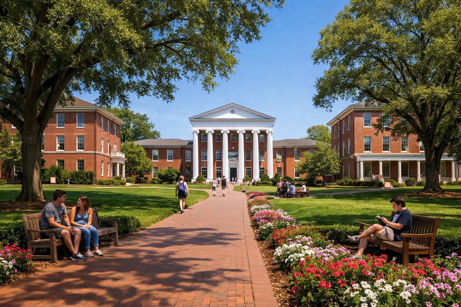 A sunny university campus with historic brick buildings, green lawns, trees, and students walking and sitting outdoors.