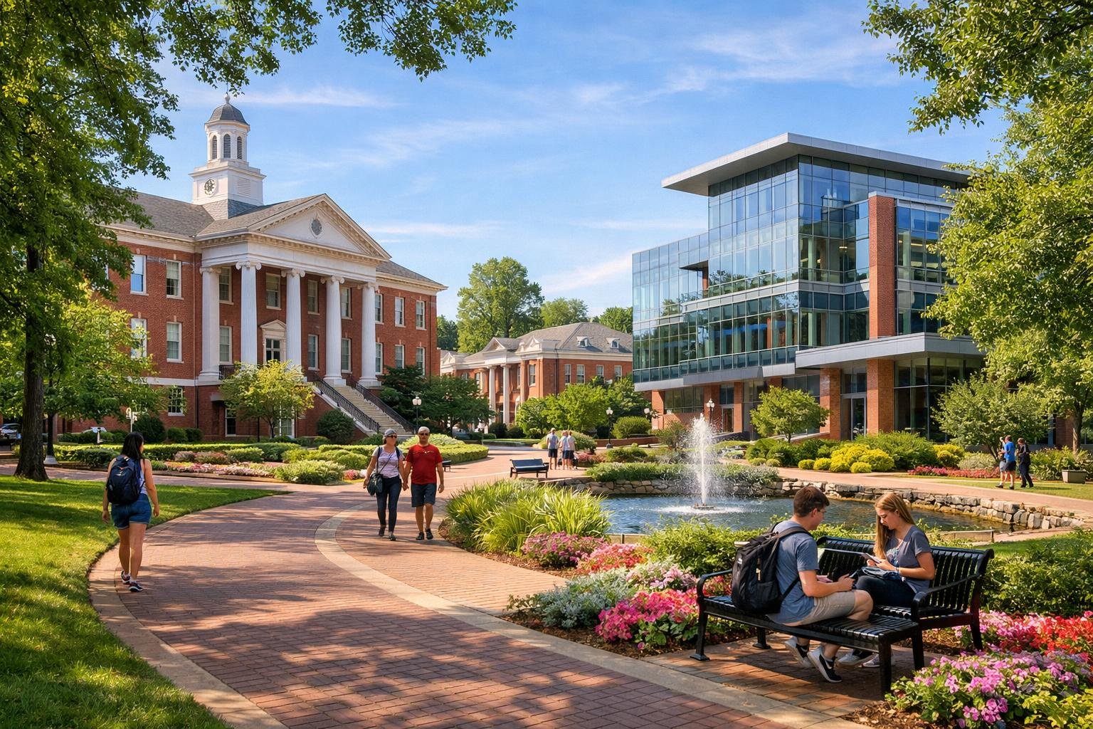 University of Mississippi campus showing historic and modern buildings surrounded by trees and people walking on pathways.