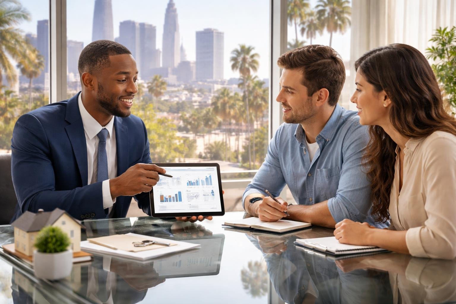 A real estate agent and a young couple discussing housing market data in a bright office overlooking the Los Angeles skyline.