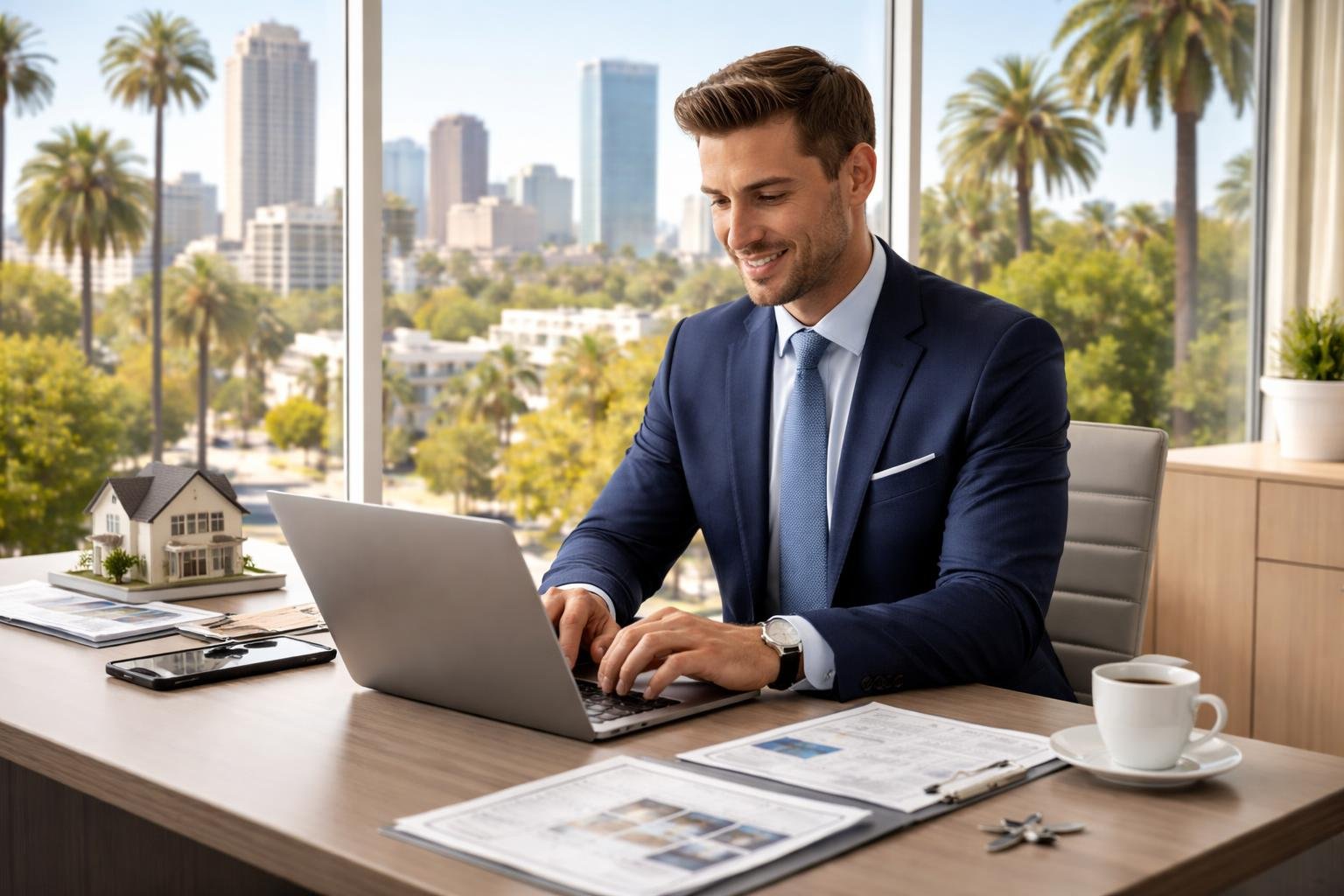 A real estate agent working at a desk with a laptop, with a sunny Los Angeles city view visible through large windows.