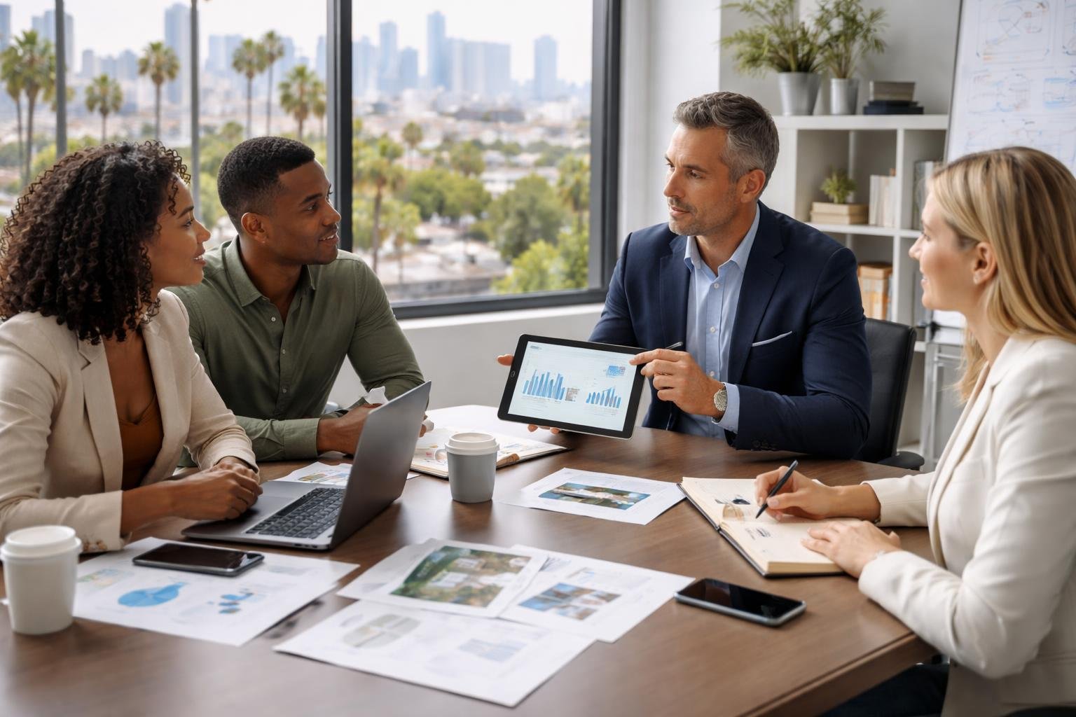 A group of professionals having a discussion around a conference table in a bright office with a city view, reviewing documents and digital devices.