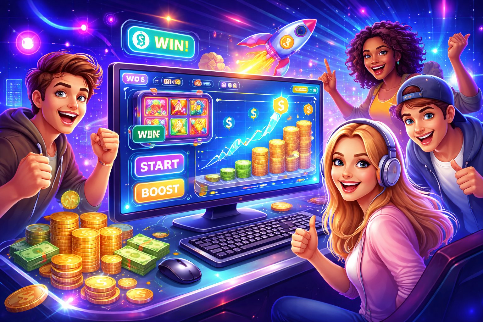 Tampilan 3D dari antarmuka permainan online dengan pemain pemula yang bersemangat dan grafik keuntungan yang meningkat.