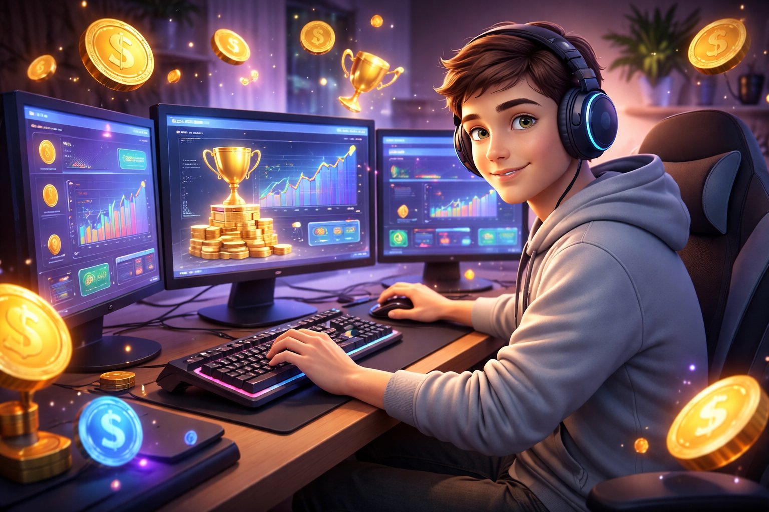 Seorang pemain game pemula duduk di depan komputer dengan beberapa layar yang menampilkan game dan simbol keuntungan, di dalam ruangan yang nyaman dan terang.