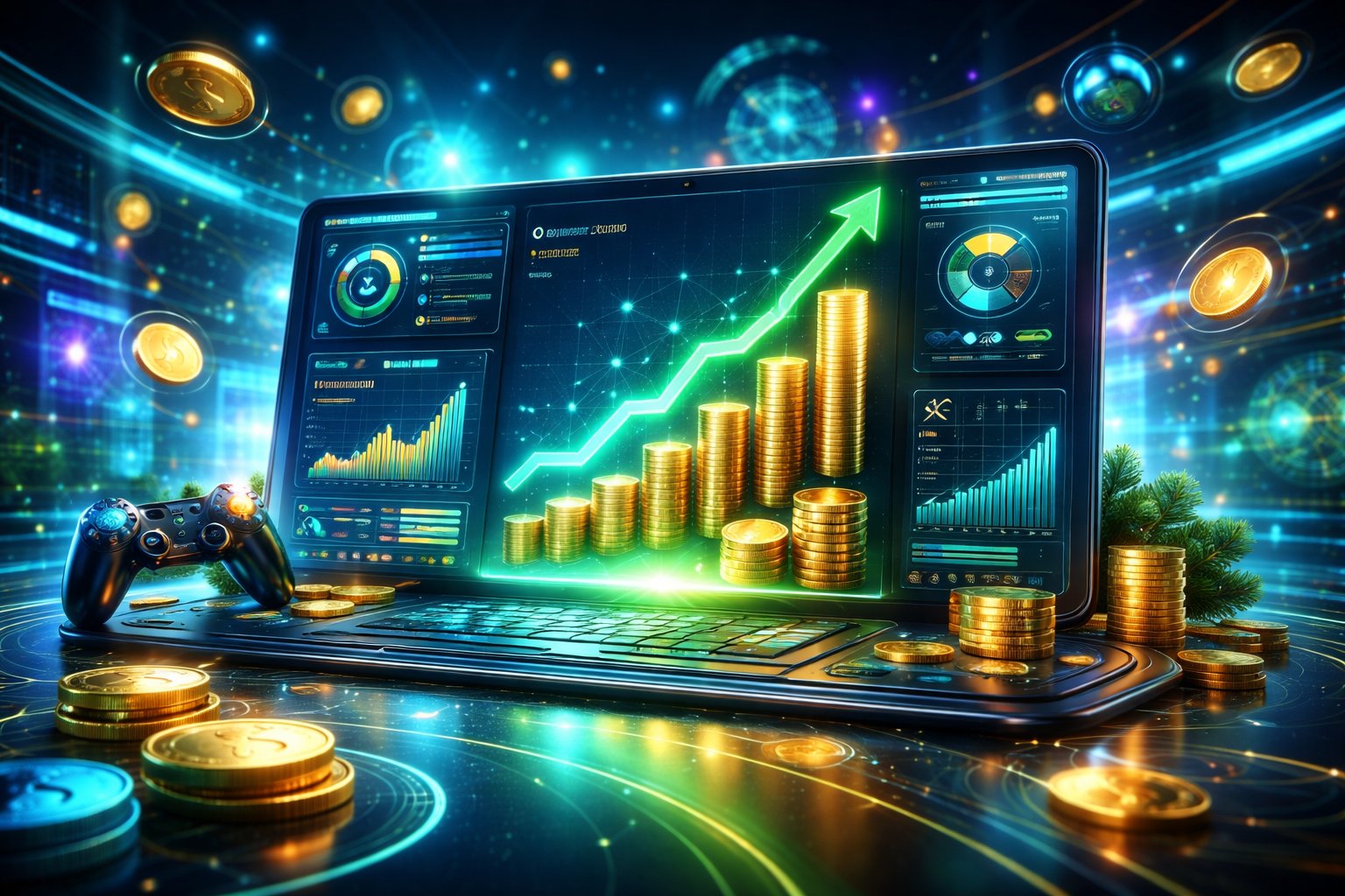 Tampilan antarmuka permainan online futuristik dengan grafik dan koin digital yang menunjukkan peningkatan keuntungan.