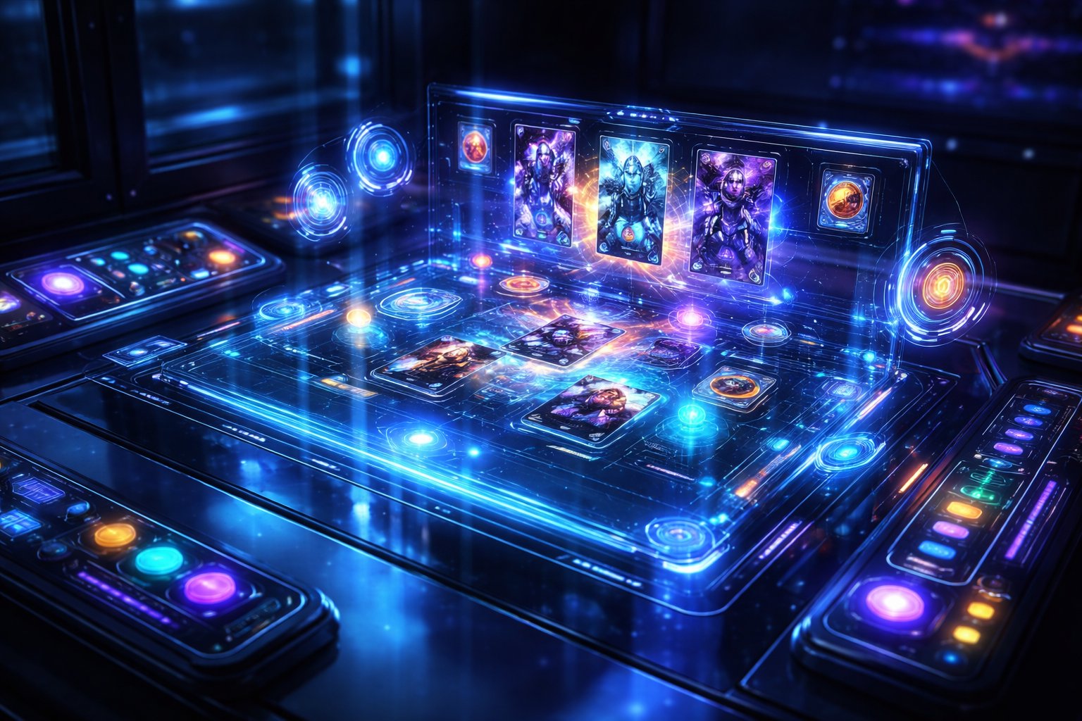 Sebuah tampilan antarmuka permainan futuristik dengan hologram dan panel kontrol di ruangan berteknologi tinggi.