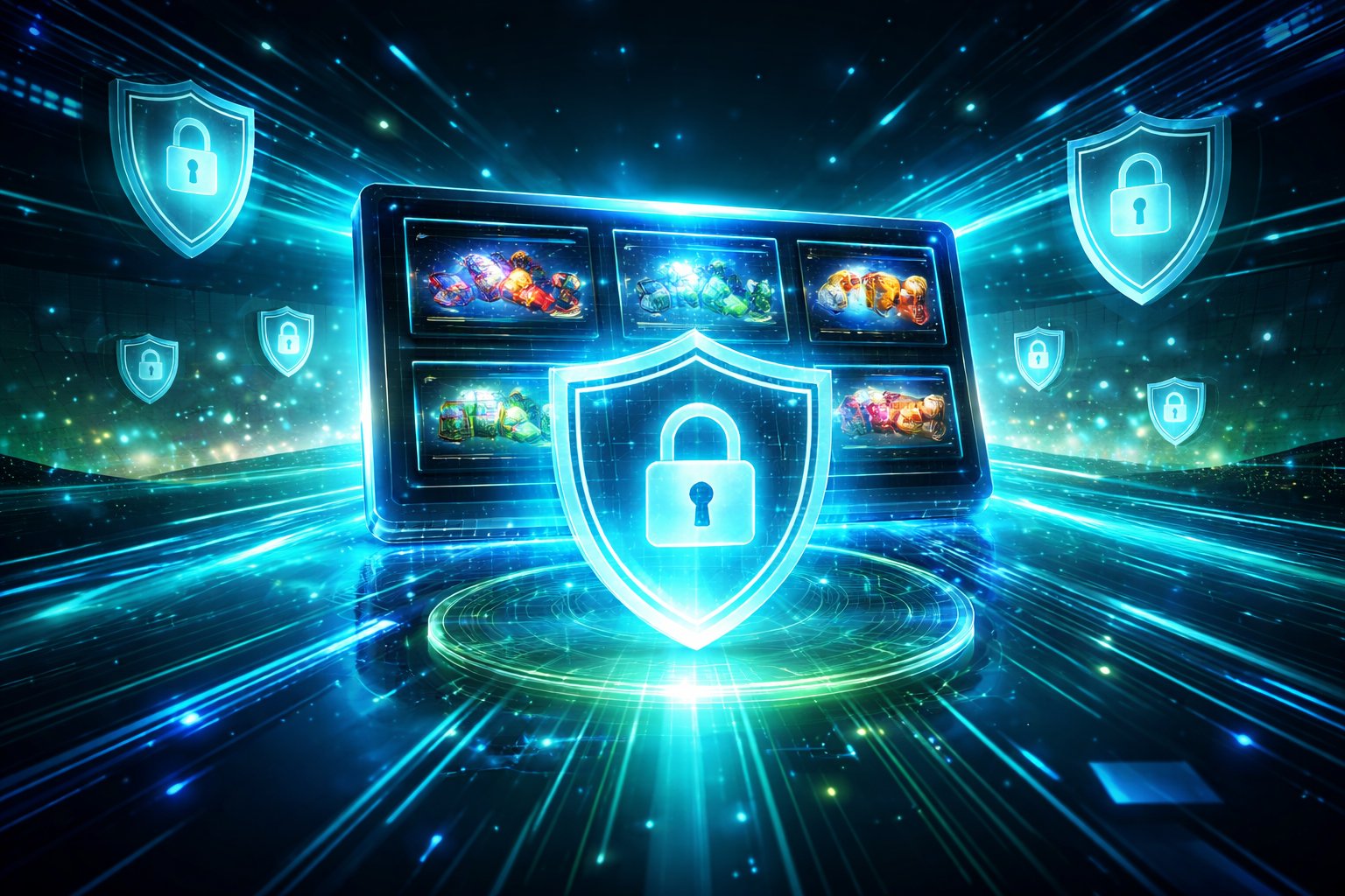 Pemandangan lingkungan permainan online modern dengan elemen holografik dan ikon keamanan di latar belakang digital.