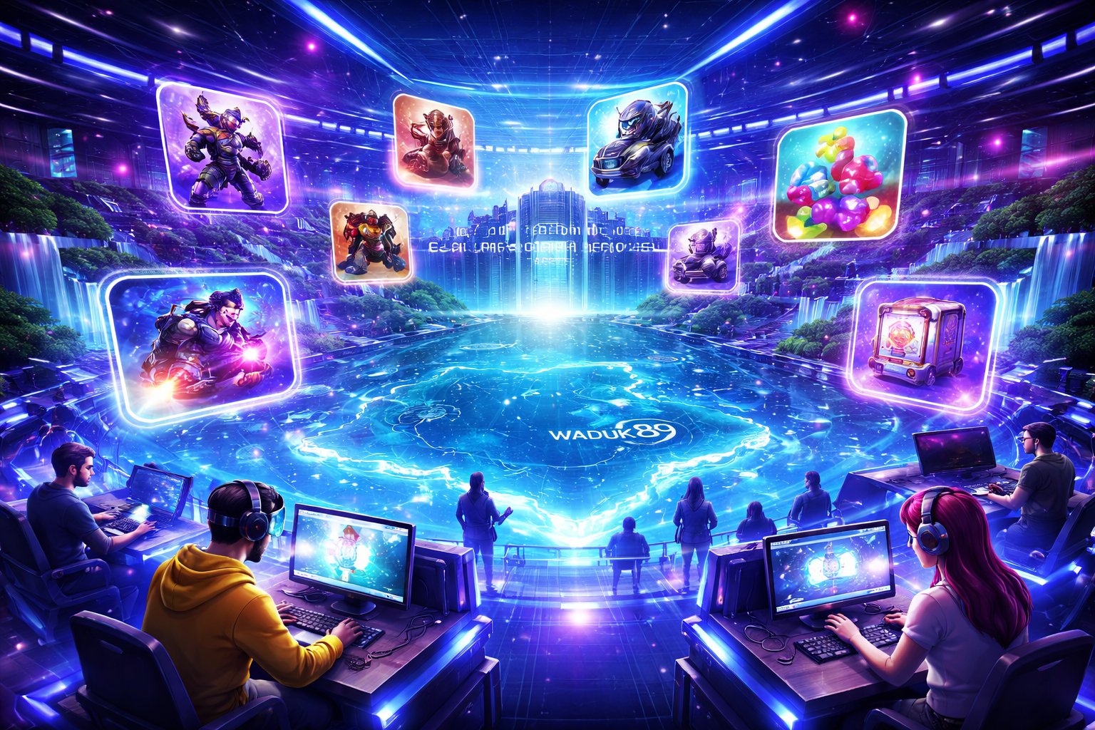 Adegan ruang permainan digital futuristik dengan layar holografik dan avatar pemain yang berinteraksi di lingkungan bertema waduk.