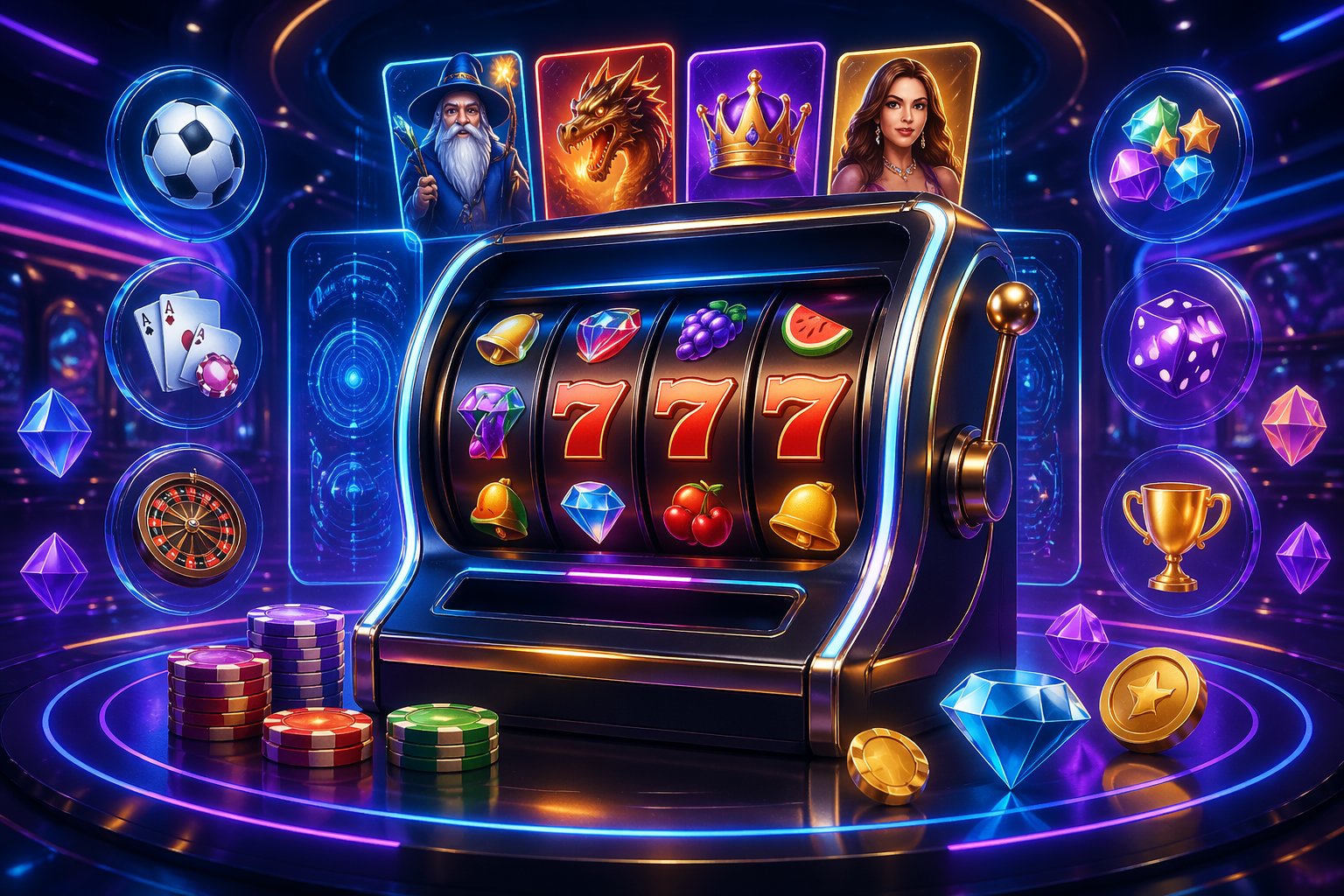 Pemandangan sebuah mesin slot modern dengan simbol warna-warni di lingkungan kasino digital futuristik yang penuh cahaya neon dan ikon permainan mengambang.