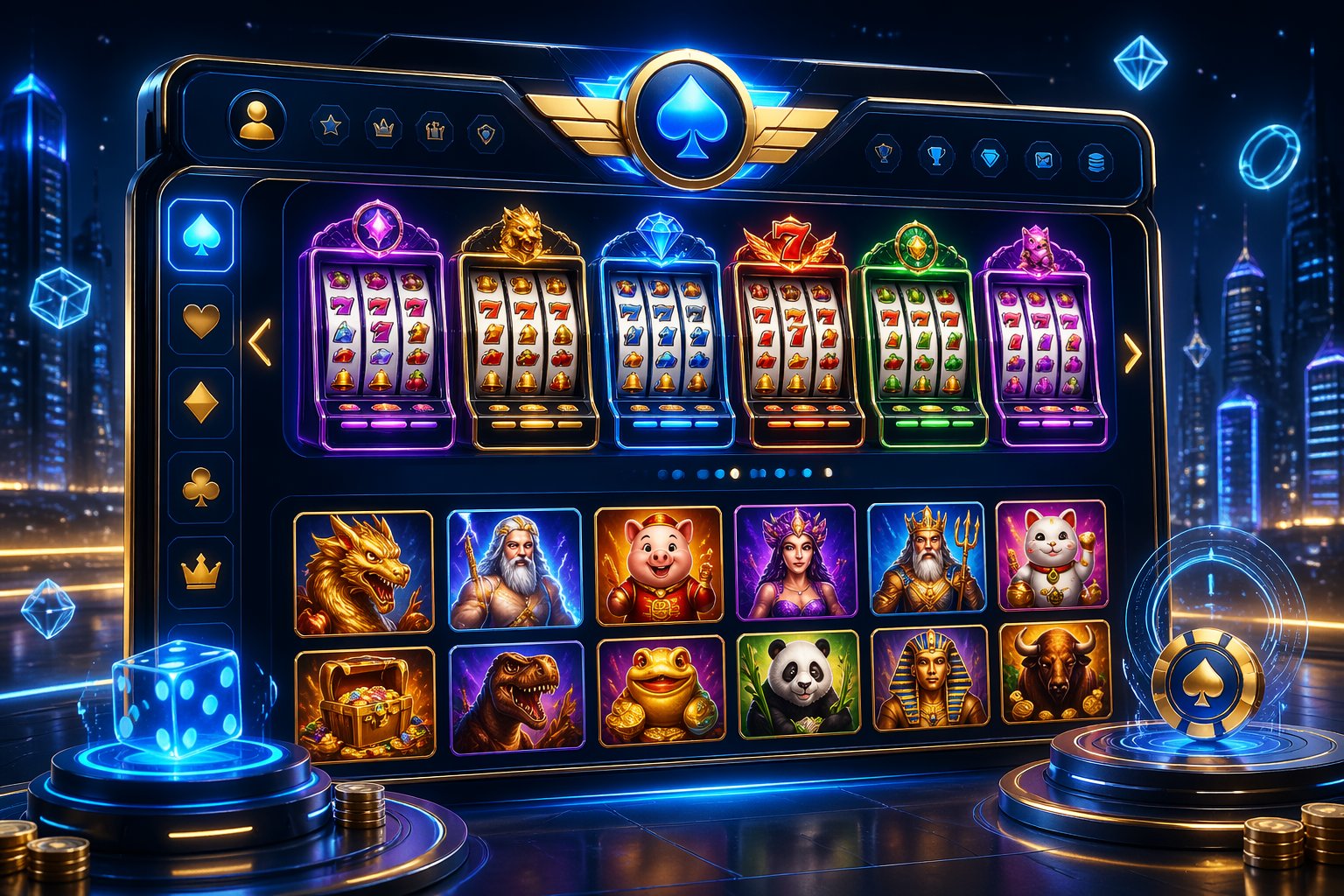Tampilan antarmuka portal game online dengan berbagai ikon mesin slot berwarna dan latar belakang kota digital futuristik.