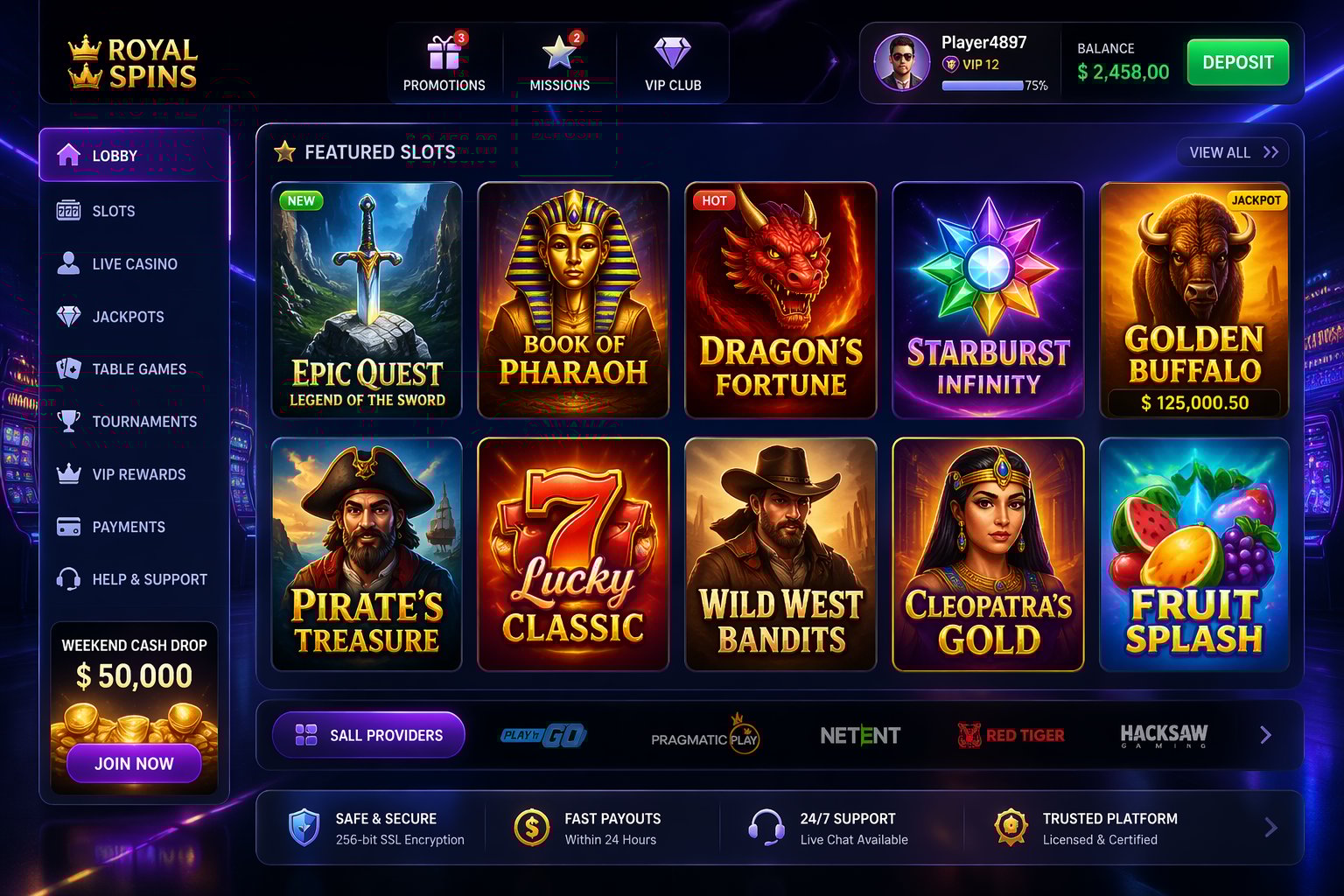 Tampilan antarmuka digital dengan koleksi ikon mesin slot berwarna-warni dalam suasana futuristik dan bercahaya.