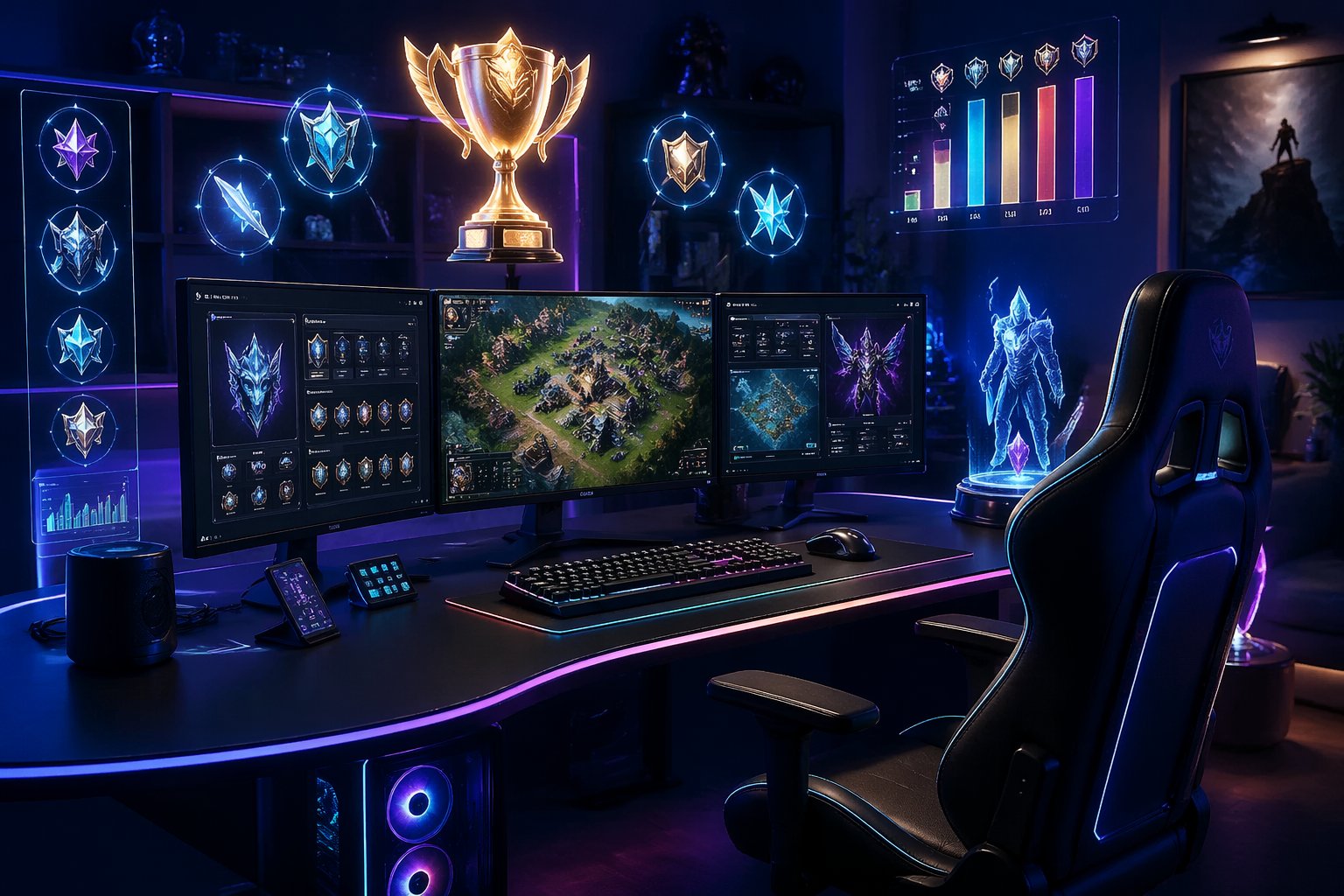 Sebuah meja gaming dengan beberapa monitor menampilkan antarmuka game dan perangkat gaming yang menyala di ruangan dengan pencahayaan biru dan ungu.