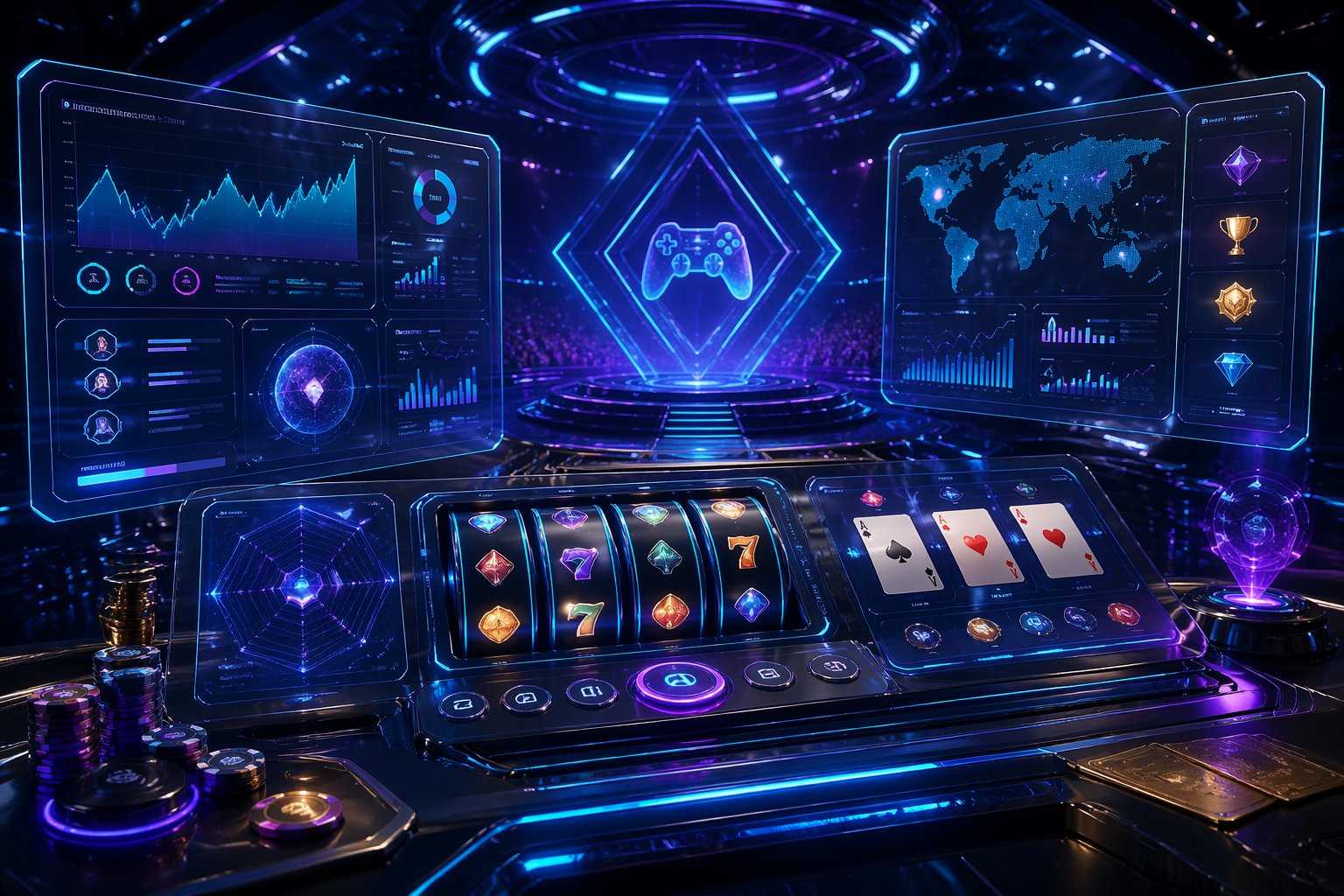 Tampilan antarmuka permainan online futuristik dengan layar holografik dan elemen permainan digital yang bercahaya.