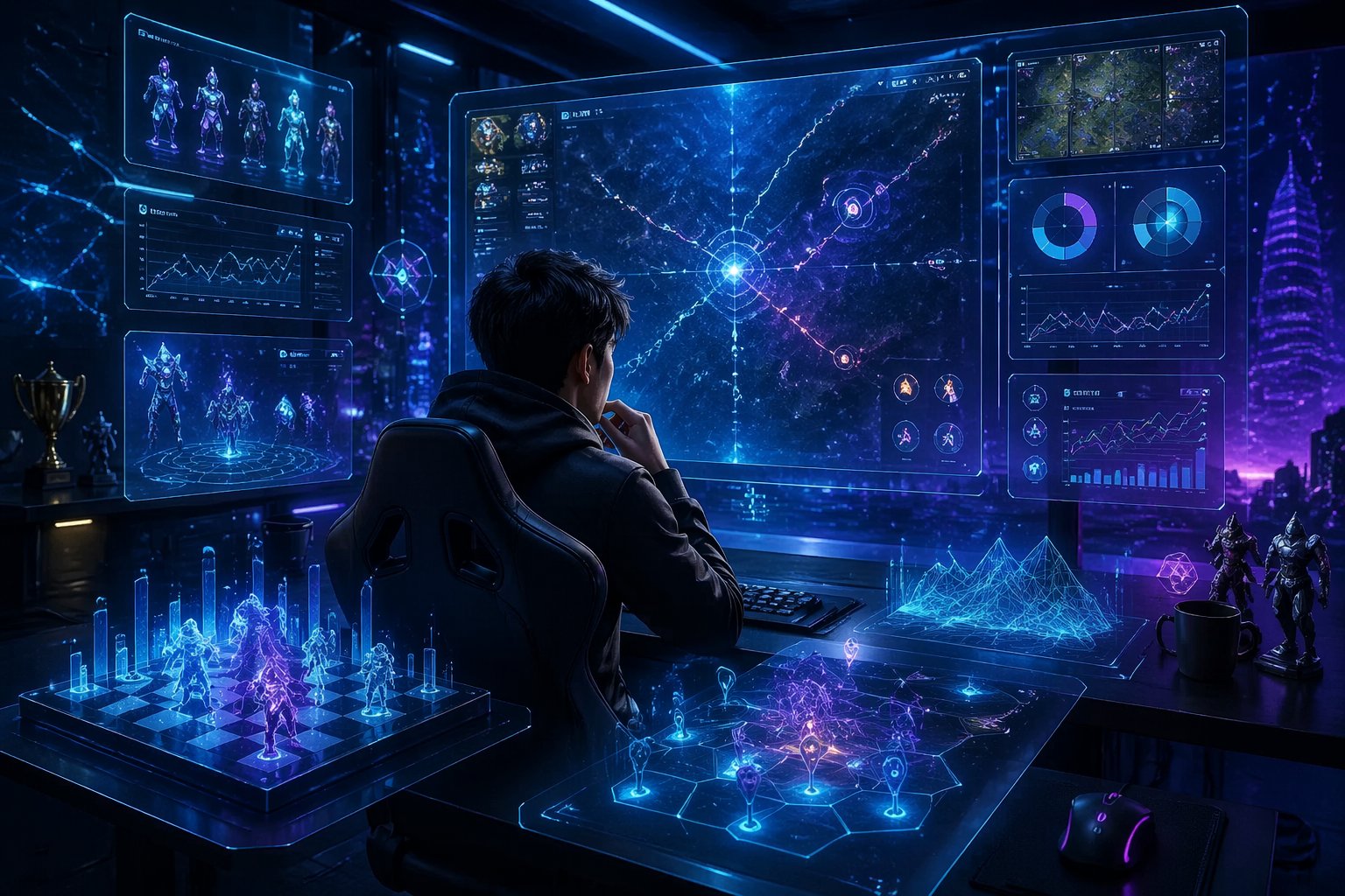 Seorang pemain sedang menganalisis pola dan strategi menang dalam ruangan permainan futuristik dengan layar holografik dan grafik mengambang.