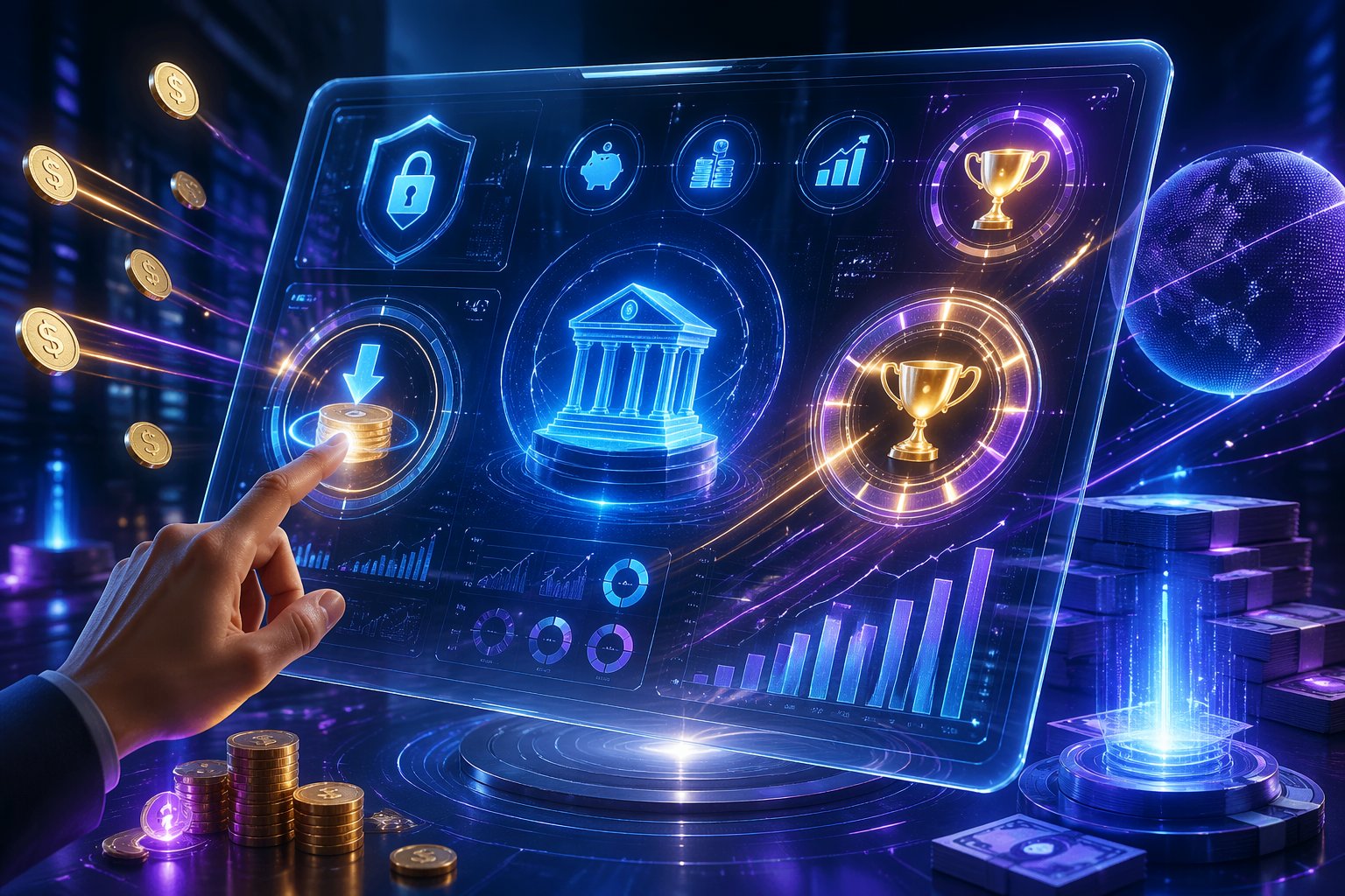 Antarmuka perbankan digital futuristik dengan tampilan holografik yang menampilkan grafik dan simbol keuangan di lingkungan berteknologi tinggi.