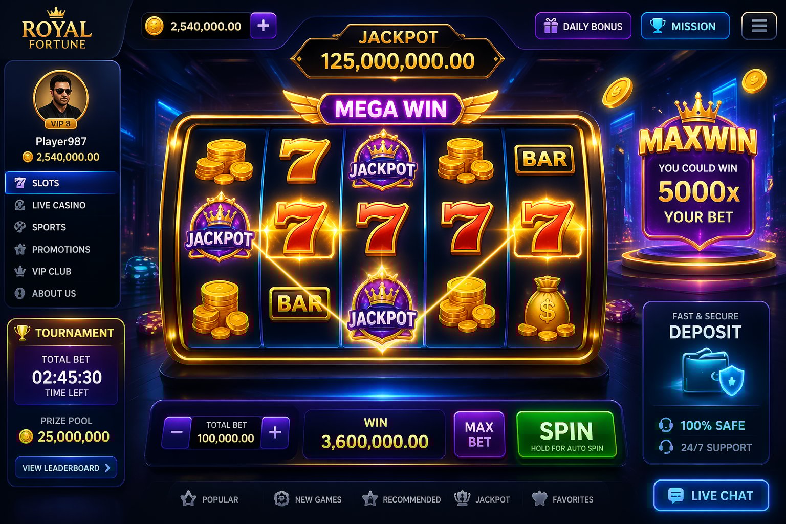 Tampilan mesin slot digital dengan simbol koin emas dan jackpot di latar kasino futuristik yang penuh lampu neon dan efek bercahaya.