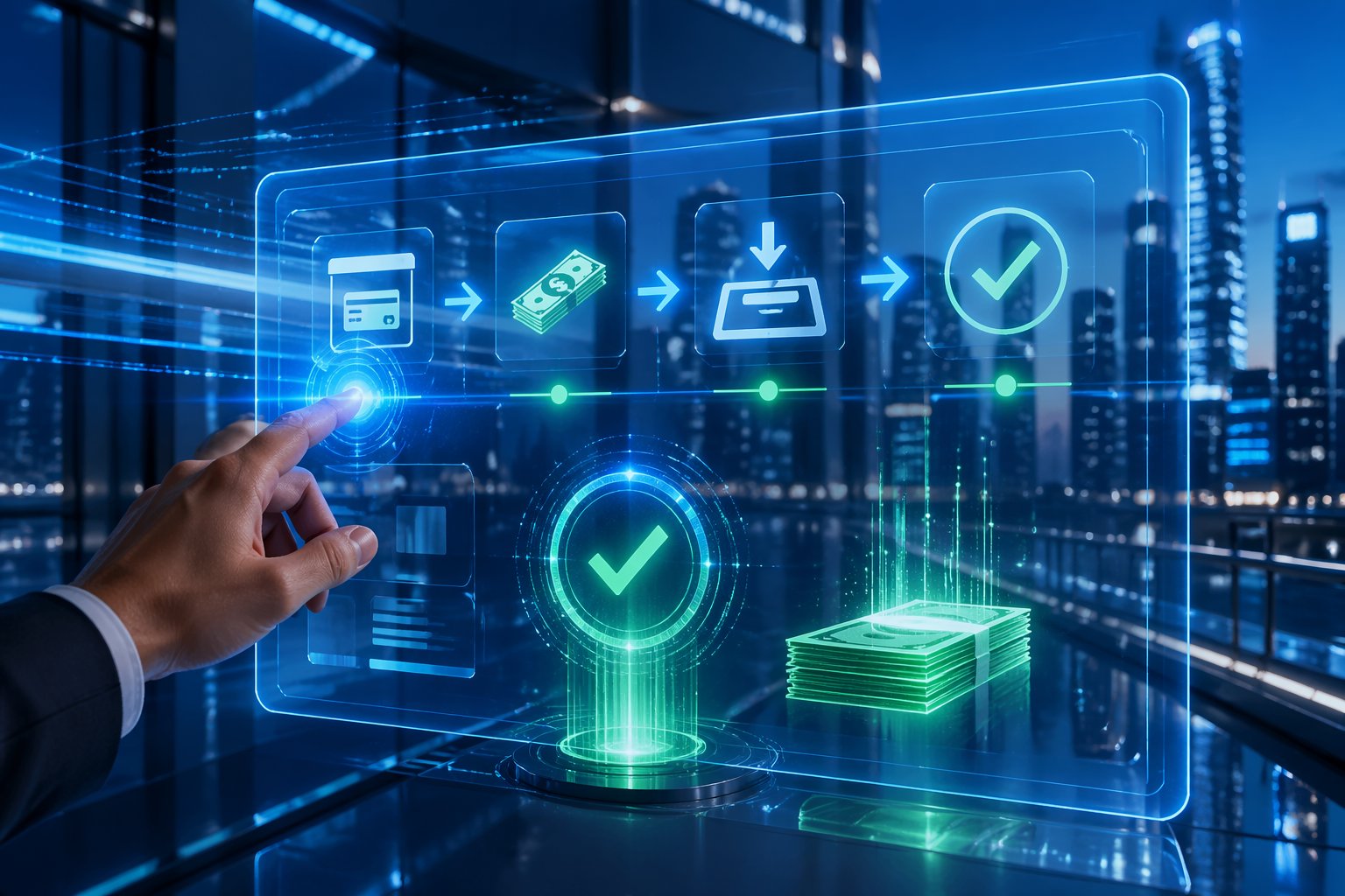 Antarmuka digital futuristik dengan layar sentuh transparan yang menampilkan proses deposit dan transaksi keuangan yang efisien di latar belakang kota modern.