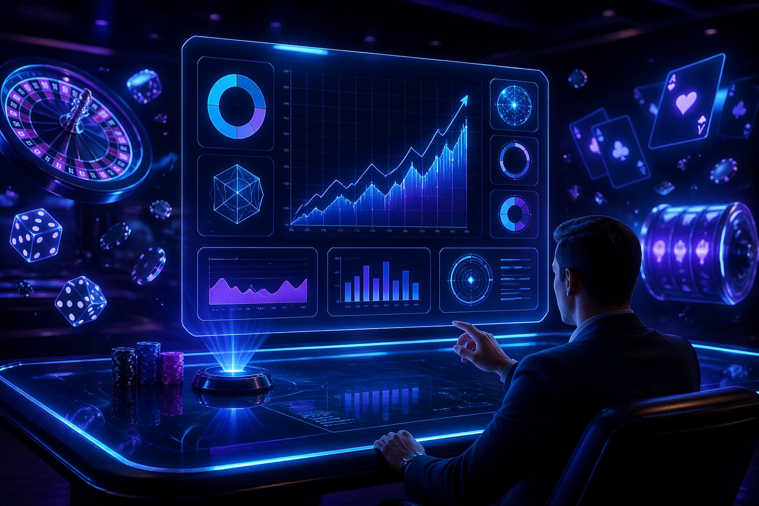 Tampilan antarmuka permainan online futuristik dengan grafik dan ikon digital yang melayang di atas meja kaca gelap, dikelilingi cahaya neon biru dan ungu.