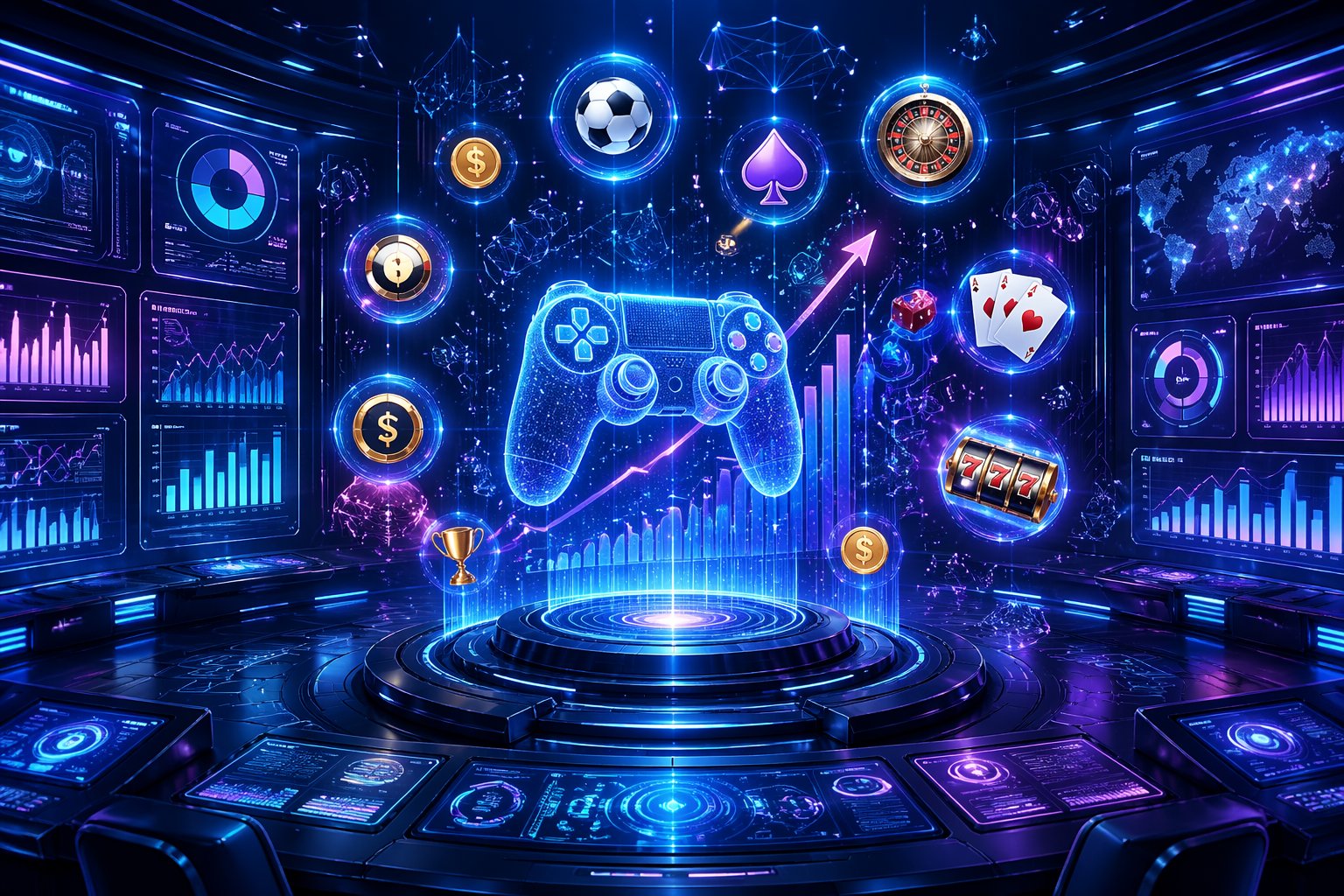 Sebuah ruang kontrol futuristik dengan hologram pengendali game dan grafik yang melambangkan peluang menang di situs game online.