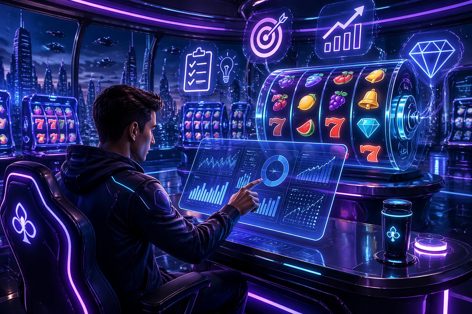 Suasana ruang kasino digital futuristik dengan mesin slot holografis dan seorang pemain yang menggunakan antarmuka layar sentuh transparan untuk melihat grafik peluang menang.