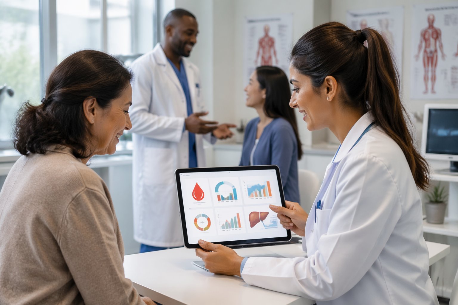 A doctor explaining simplified blood test results on a tablet to a patient in a bright medical office.