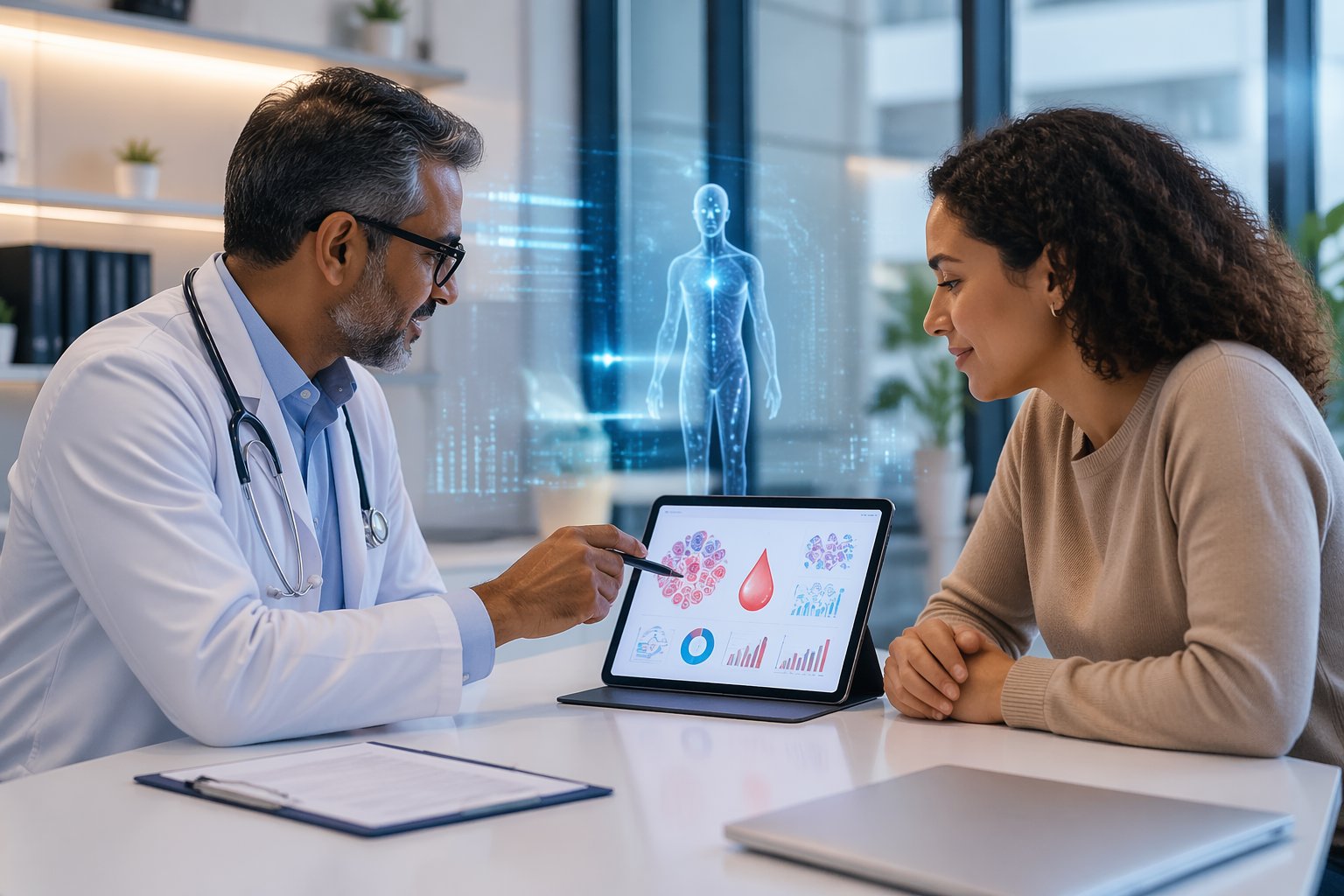 A doctor and patient discussing blood test results using a tablet in a bright medical office.