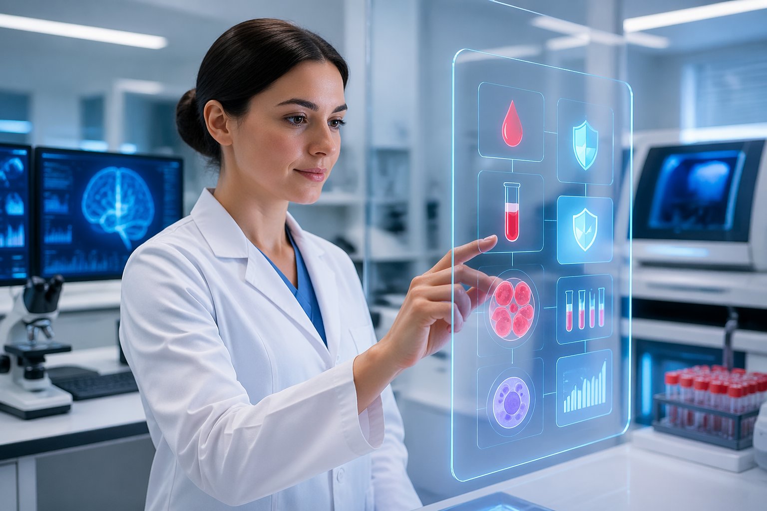 A female medical professional using a digital touchscreen in a modern lab with medical equipment and data displays in the background.