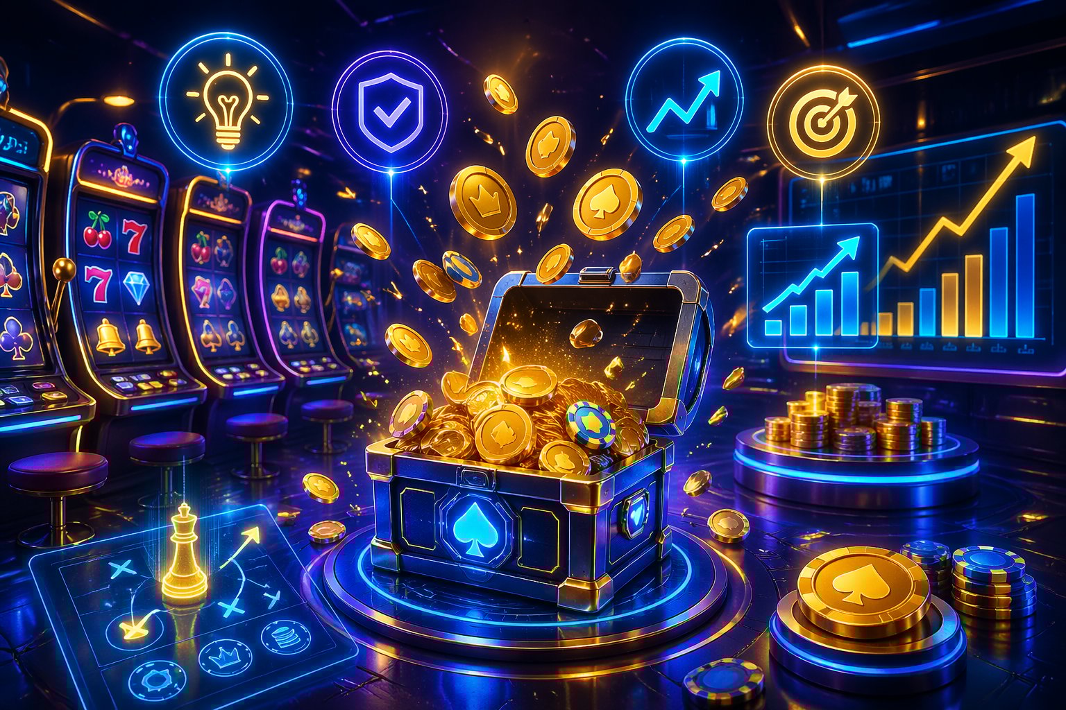 Pemandangan sebuah kasino digital futuristik dengan mesin slot dan koin yang keluar dari peti harta, dikelilingi ikon holografik yang melambangkan tips dan strategi permainan.