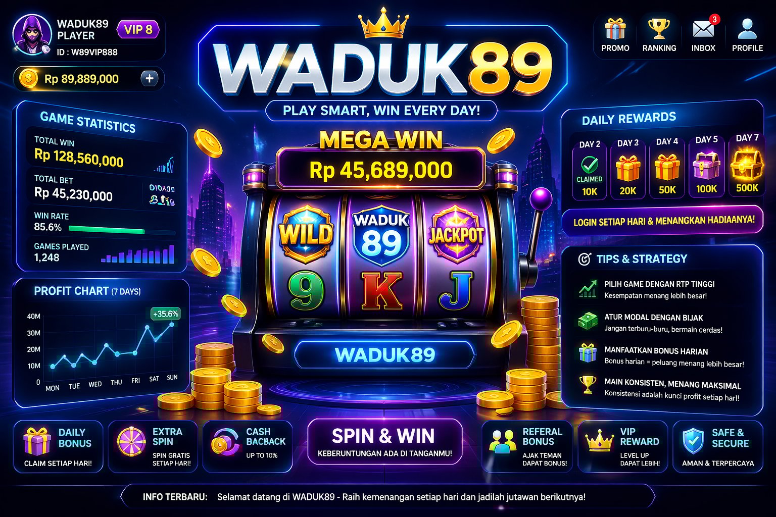 Tampilan lingkungan permainan online dengan mesin slot virtual, koin emas mengambang, dan layar digital yang menunjukkan statistik dan tips untuk mendapatkan keuntungan harian.