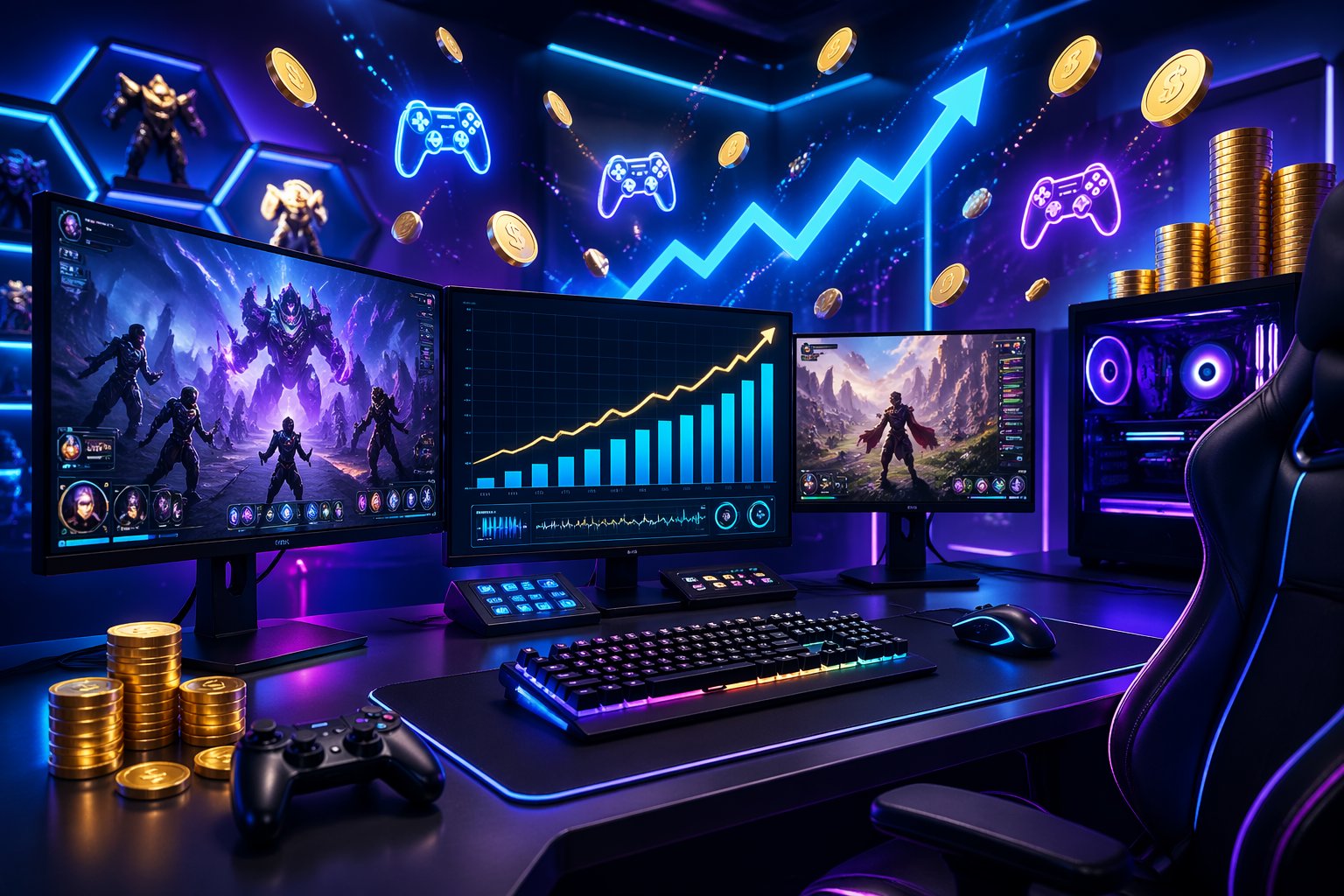 Sebuah meja gaming dengan beberapa monitor menampilkan permainan online dan grafik keuntungan, dikelilingi ikon koin dan grafik naik yang melayang.