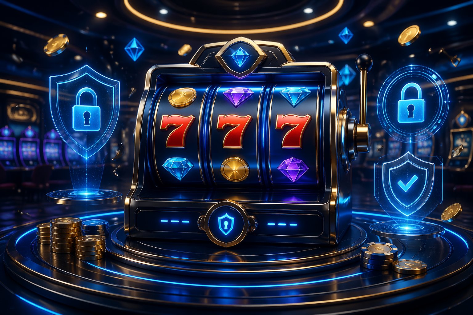 Sebuah mesin slot modern yang aman dan terpercaya di lingkungan kasino futuristik dengan ikon keamanan dan koin berkilauan.
