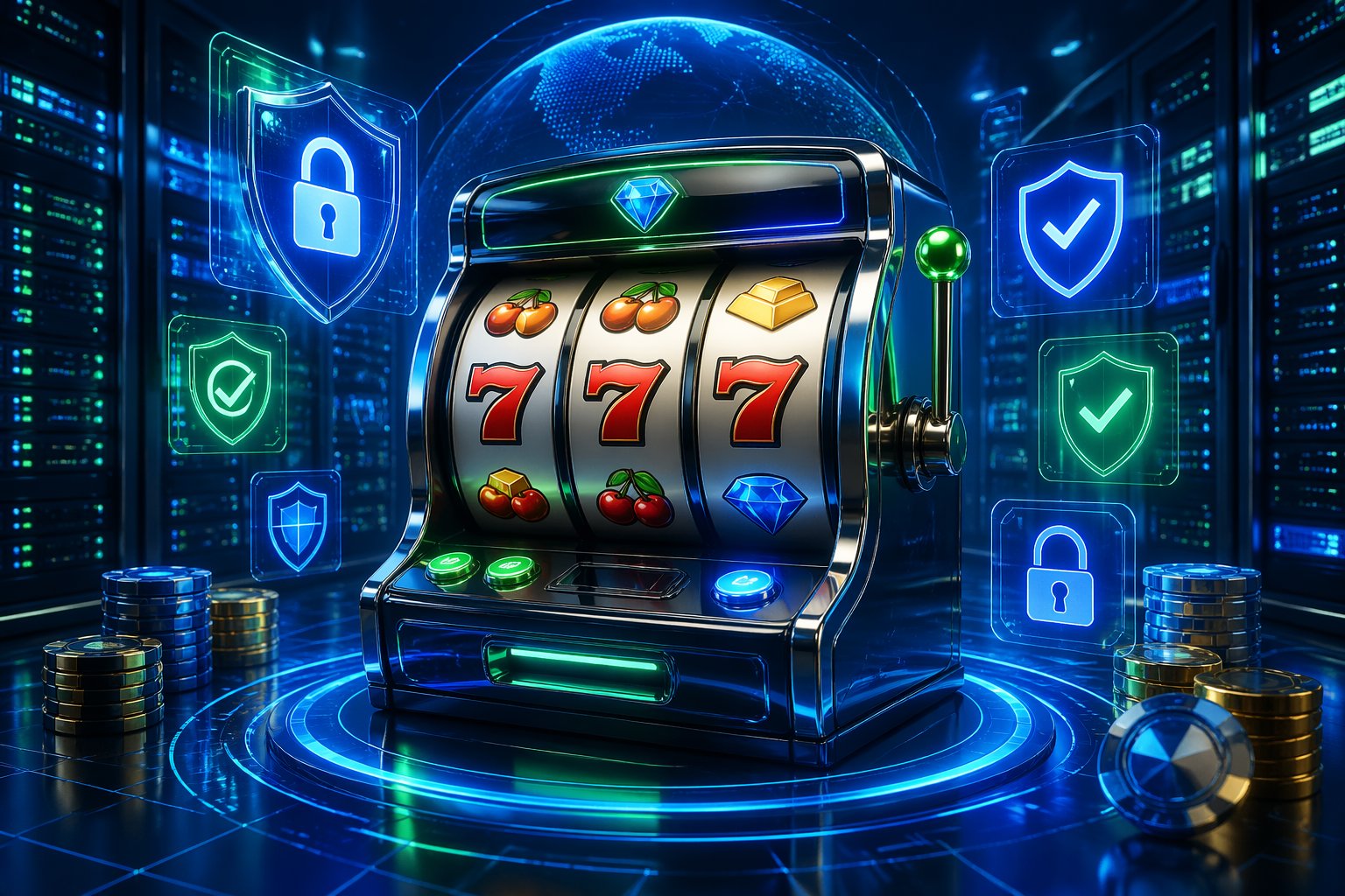 Sebuah mesin slot digital yang dikelilingi ikon keamanan seperti perisai dan gembok, dengan latar belakang pusat data modern yang menunjukkan suasana aman dan terpercaya.