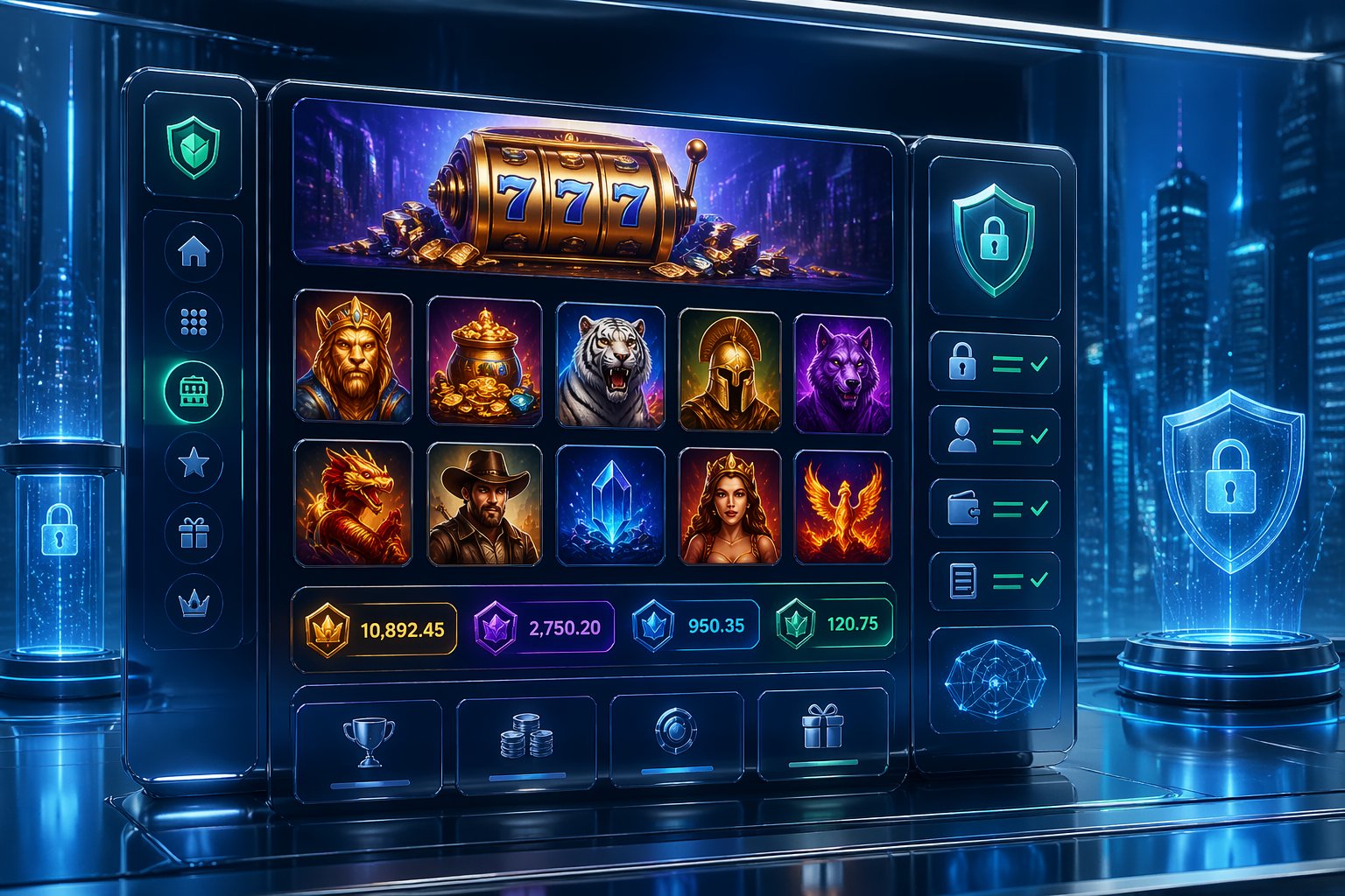 Tampilan antarmuka situs judi online yang aman dengan ikon mesin slot dan simbol keamanan seperti perisai dan gembok.