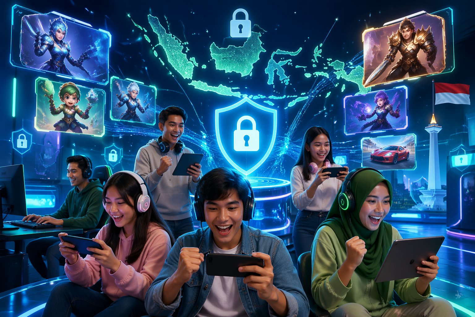 Suasana ruang permainan digital dengan pemain yang sedang bermain game online, dikelilingi oleh elemen yang melambangkan keamanan dan kepercayaan.