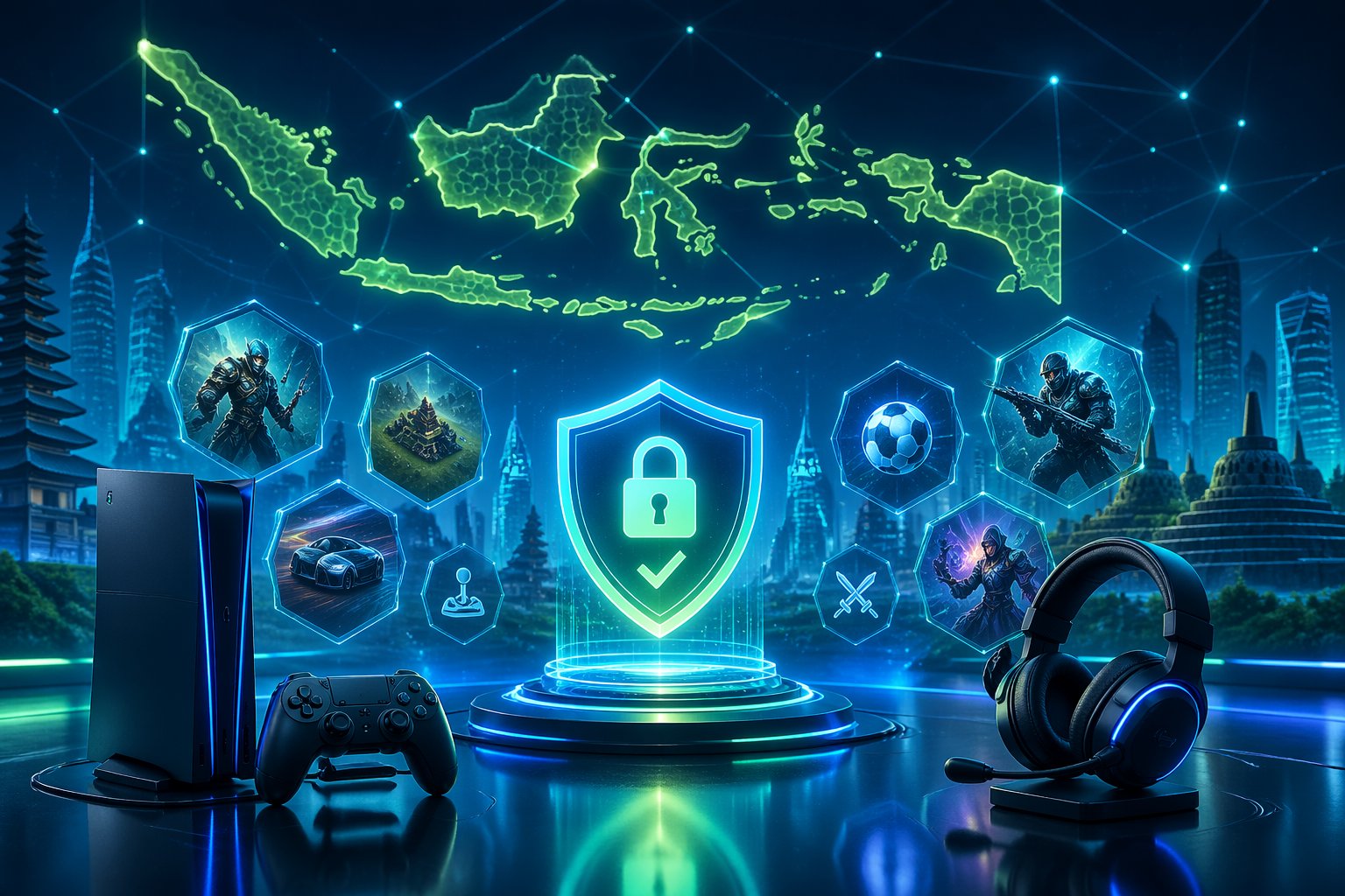 Pemandangan lingkungan digital futuristik dengan ikon game mengambang dan simbol keamanan, latar belakang peta Indonesia dengan garis jaringan, serta perangkat gaming modern di permukaan mengkilap.
