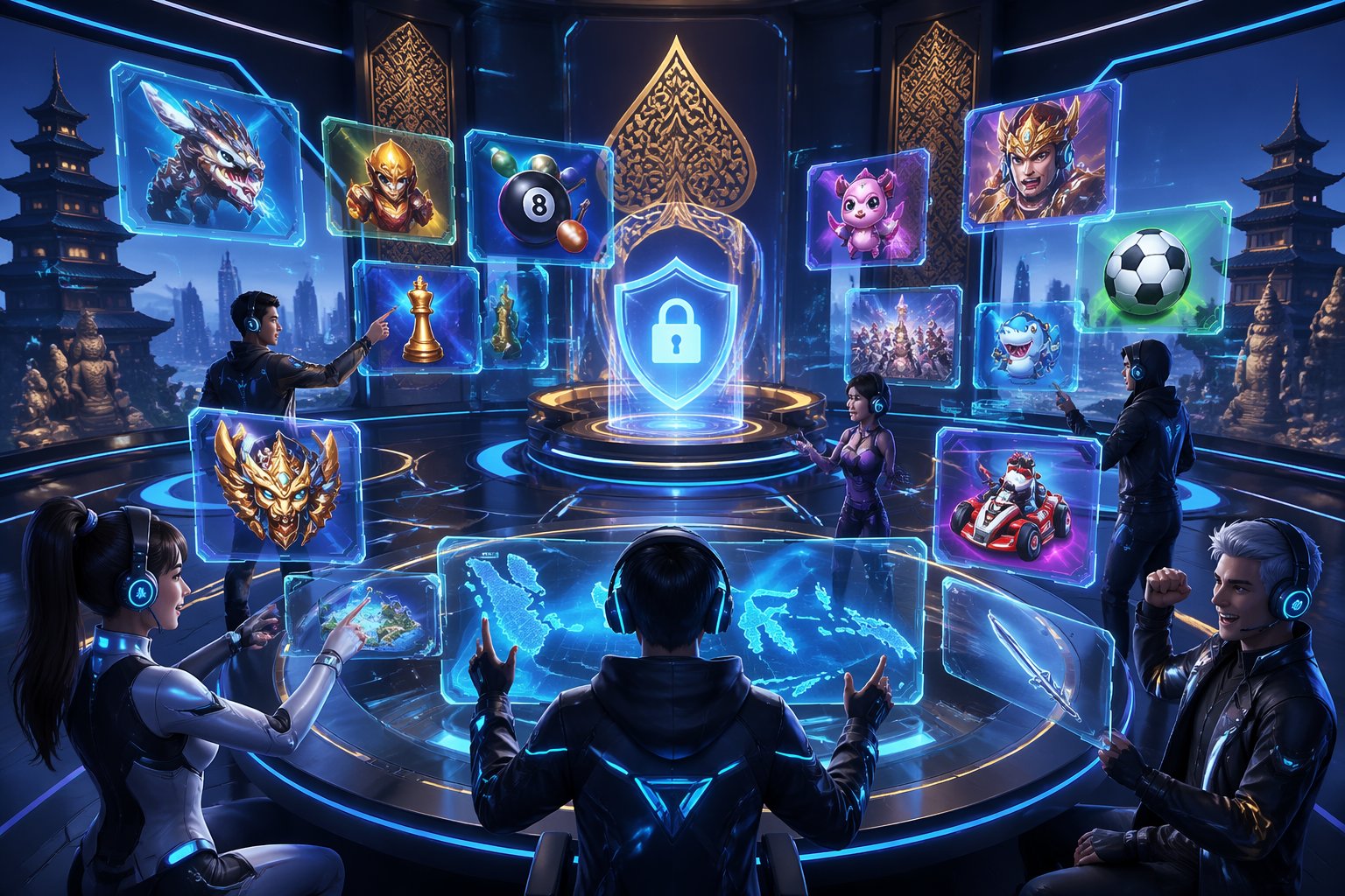 Sebuah ruang permainan online futuristik dengan layar holografik dan avatar pemain yang berinteraksi di lingkungan digital yang modern dan aman.