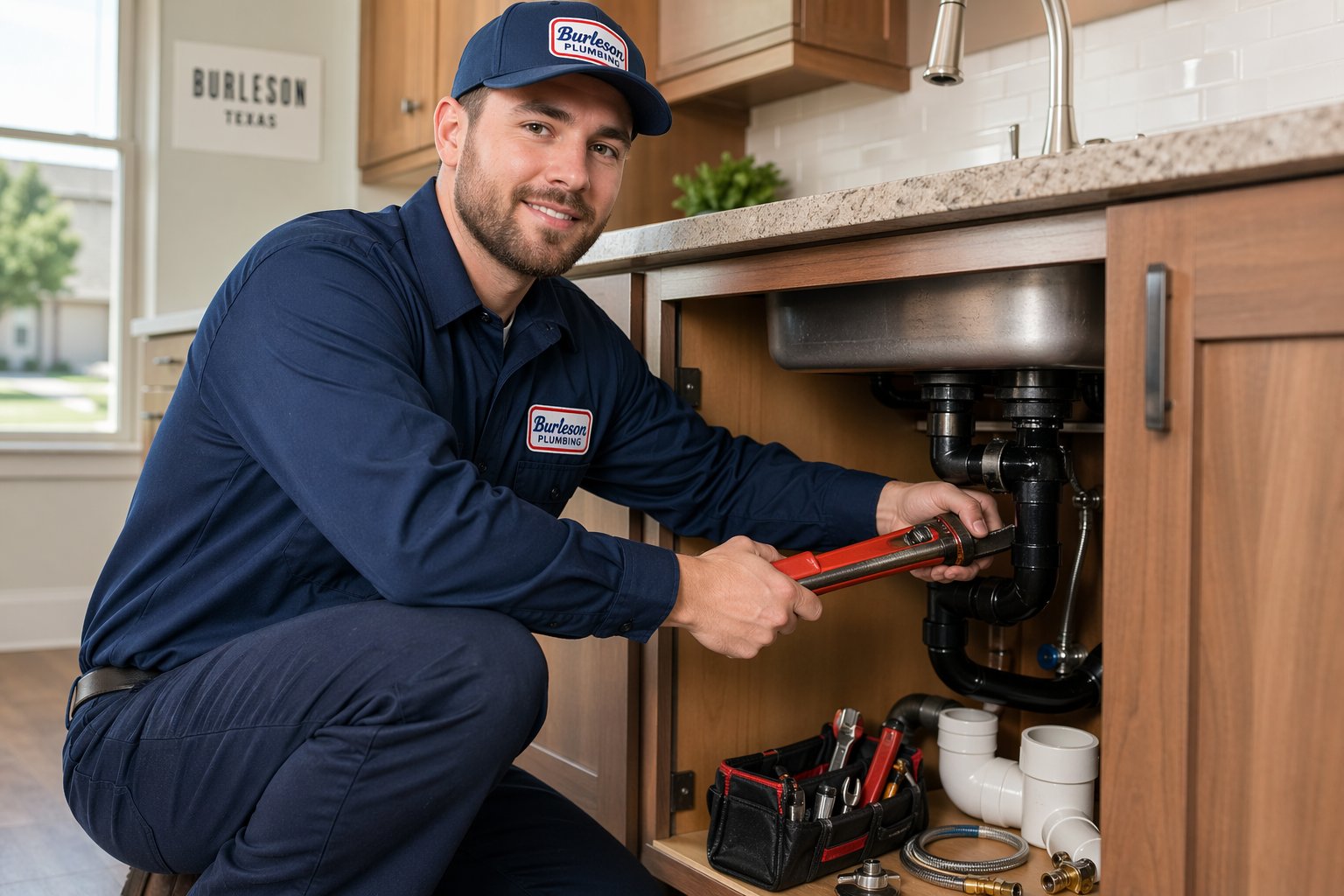 A plumber tightening pipes under a kitchen sink in a modern home.