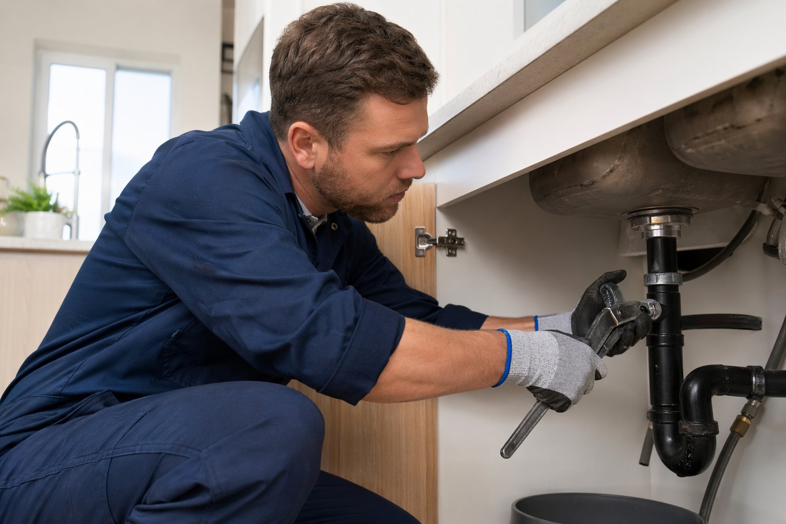 A plumber repairing pipes under a kitchen sink in a bright, clean residential setting.